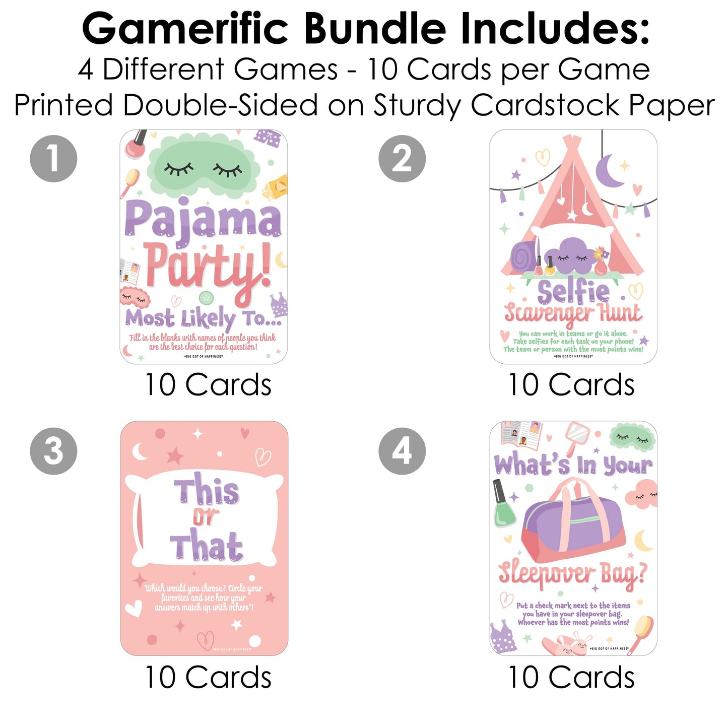 Big Dot of Happiness Pajama Slumber Party - Sleepover Activities & Games for 4 Girls, Birthday Party Group Games, Gamerific Bundle for Kids Parties
