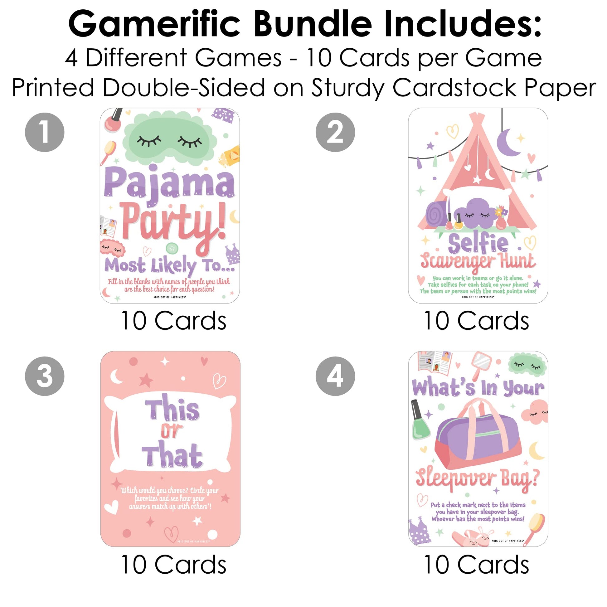 Big Dot of Happiness Pajama Slumber Party - Sleepover Activities & Games for 4 Girls, Birthday Party Group Games, Gamerific Bundle for Kids Parties
