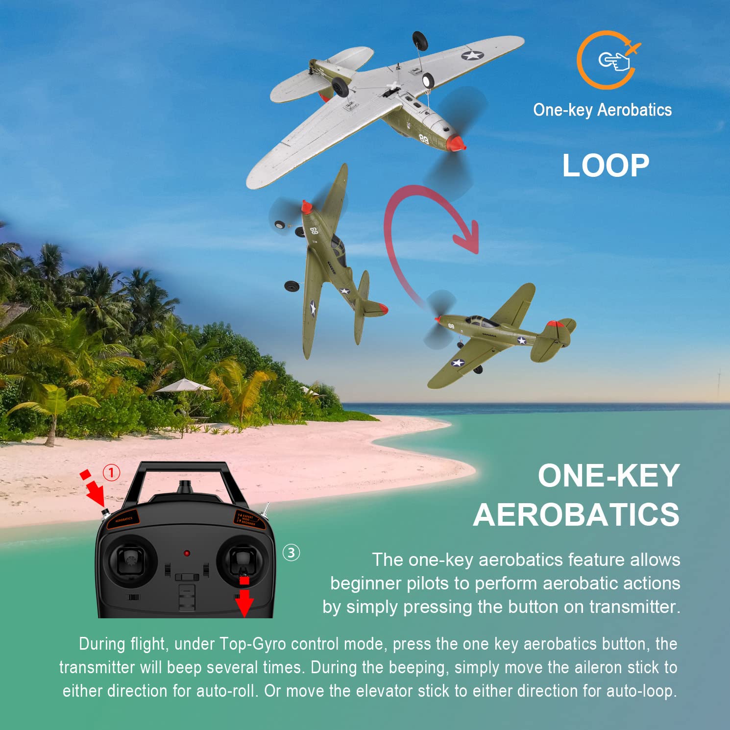 VilogaRC Remote Control Airplane RTF 4 Channel RC Plane 402MM Wingspan Micro Scaled Warbird with One Key Aerobatic One Key U-Turn and Gyro