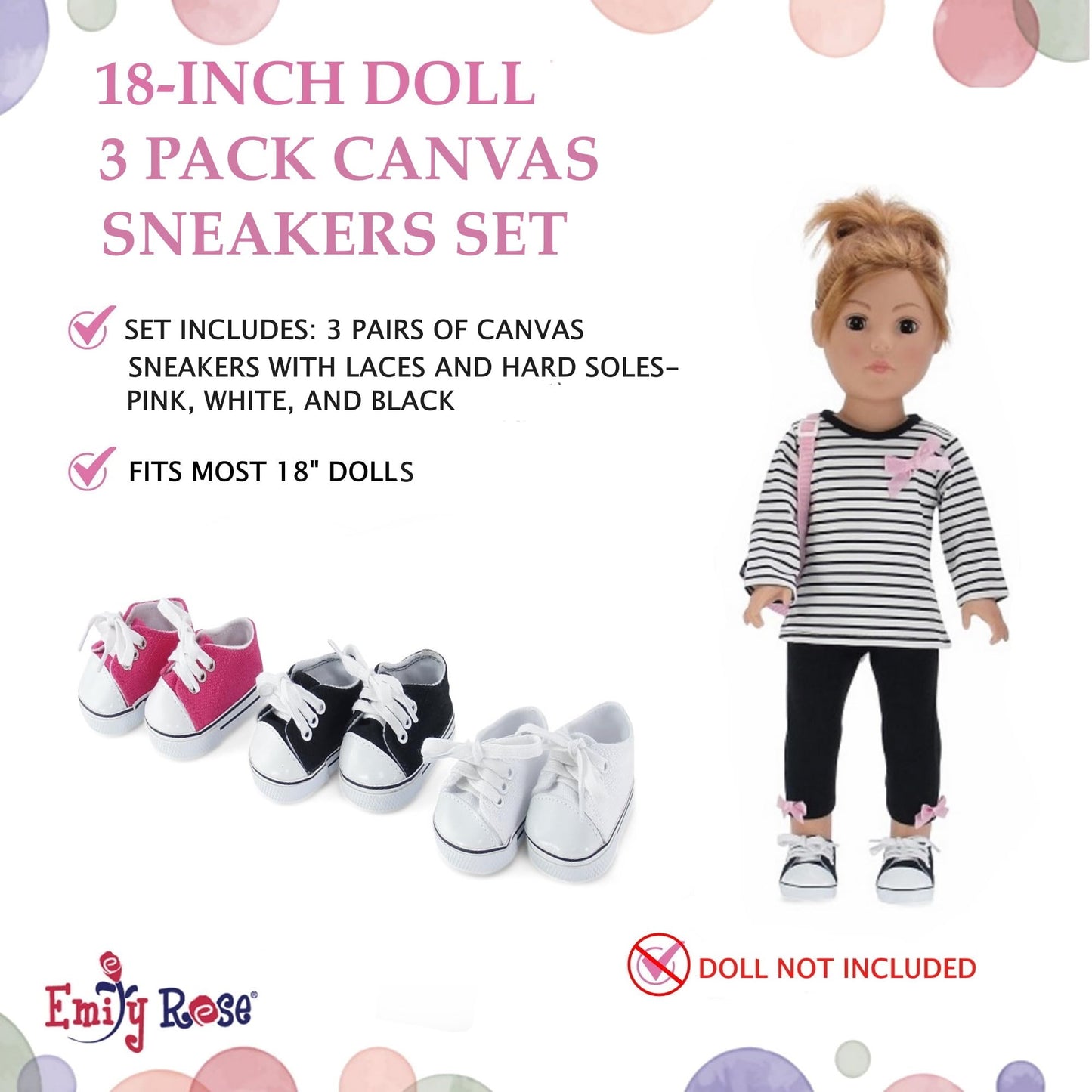 Emily Rose 18-inch Doll Canvas Sneakers 3-Pack - Pink, White & Black Tennis Shoes - 18" Doll Accessories Gift Set - Compatible with American Girl &
