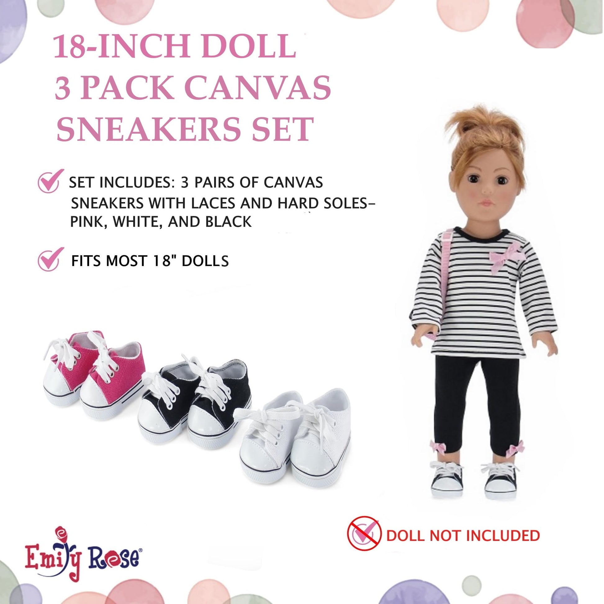 Emily Rose 18-inch Doll Canvas Sneakers 3-Pack - Pink, White & Black Tennis Shoes - 18" Doll Accessories Gift Set - Compatible with American Girl &