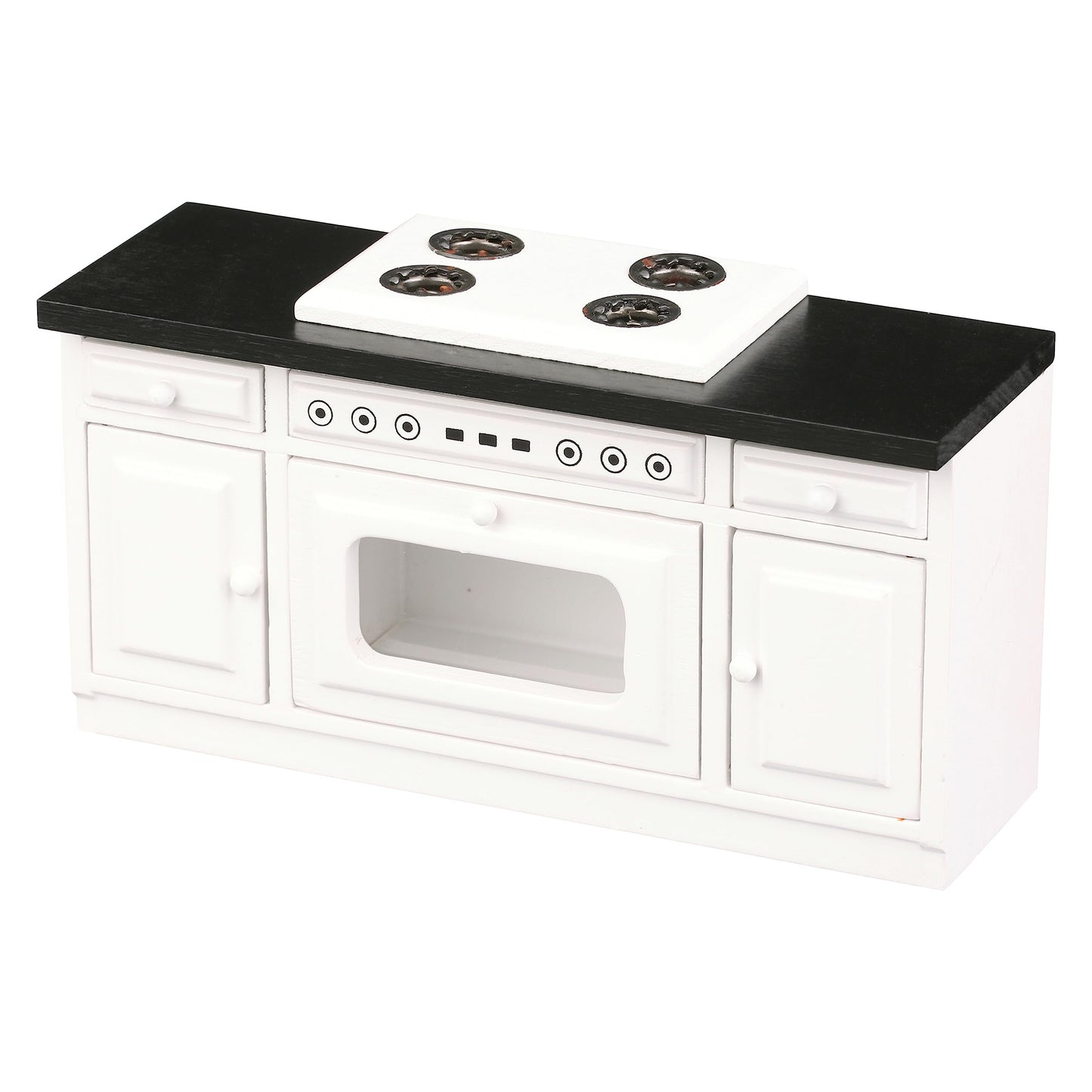 Wooden Dollhouse Kitchen Stove, Mini White Oven with Burners and Range, 1:12 Scale Cabinet Furniture for 6 Inch Dolls, White Farmhouse