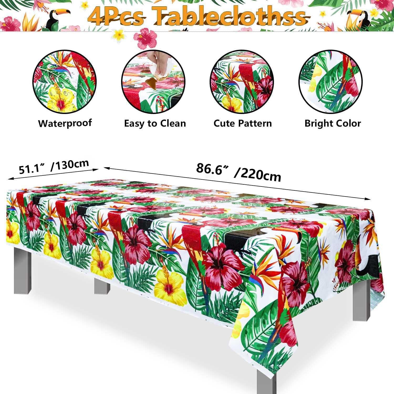 4 Pack Hawaiian Luau Tablecloths - 86.6”x51.2” Disposable Plastic Tropical Palm Leaf Tablecloths for Hawaiian Party Decorations, Jungle Safari Theme