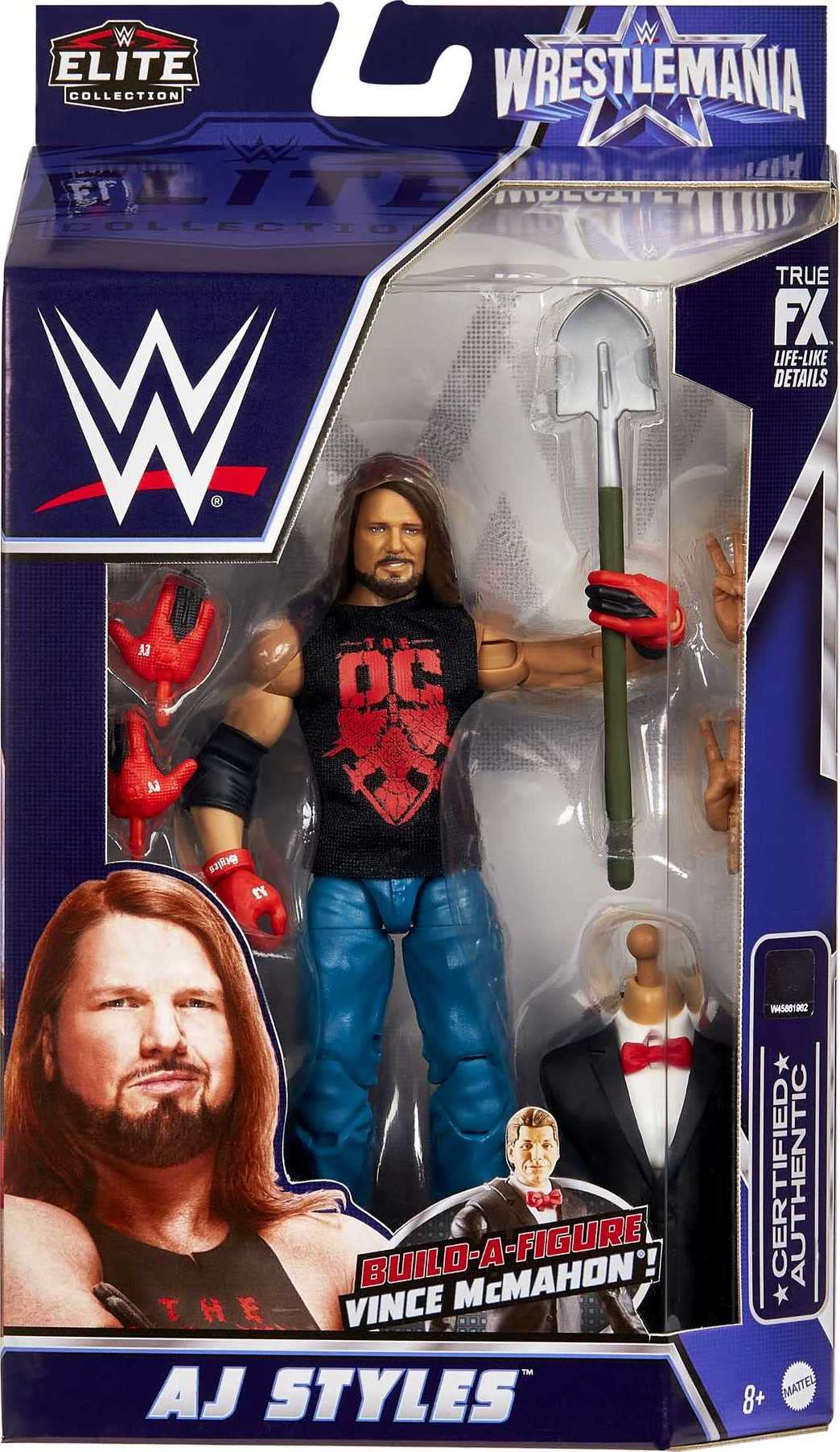 Mattel AJ Styles WrestleMania Elite Collection Action Figure with entrance shirt & Vince McMahon Build-A-Figure Pieces, 6-in / 15.24-cm Posable