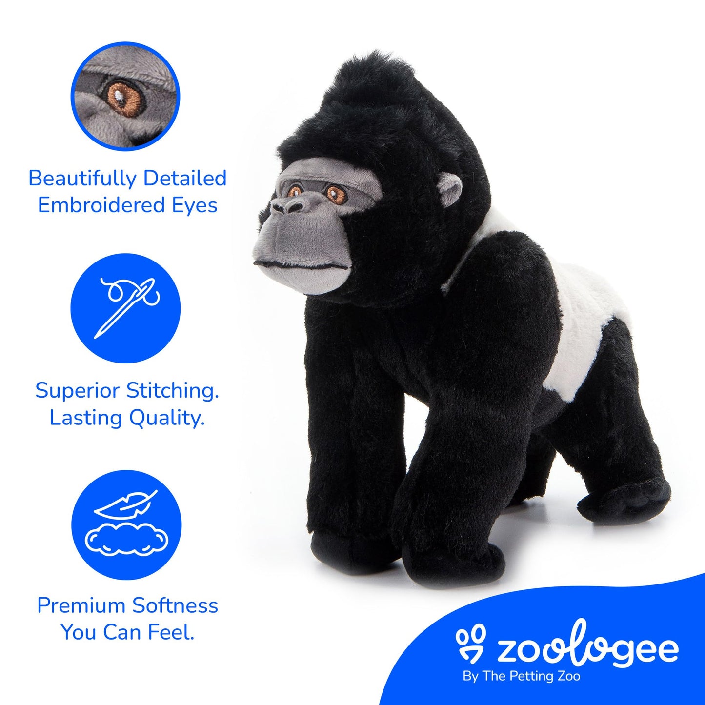 The Petting Zoo Silverback Gorilla Stuffed Animal Plushie, Gifts for Kids, Earth Keeperz Wildlife Animals, Zoologee Black Silverback Gorilla Plush