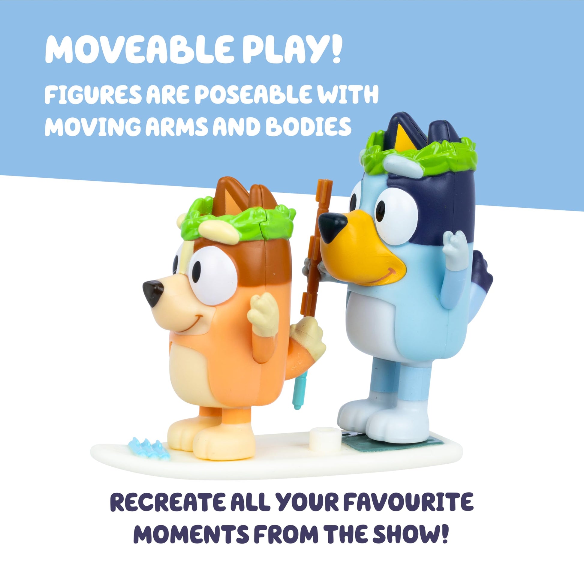 Bluey Figure 2-Pack Rug Island. 2 Episode-Themed Figures with Moving Arms & Paddleboard Accessories, 2.5-3" (6-7.6 cm) Poseable Toys for Kids