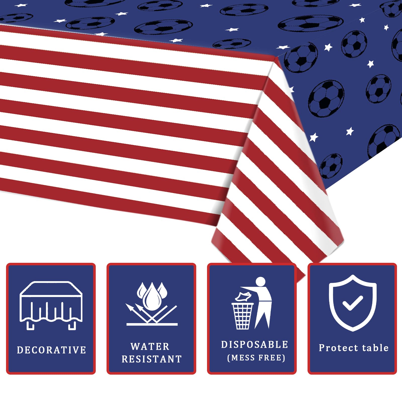 Bzhouyy Soccer Party Tablecloth 3 Pack, 54 x 108 Inch American Flag Themed Disposable Plastic Table Covers, Waterproof Spill Proof Tablecloths