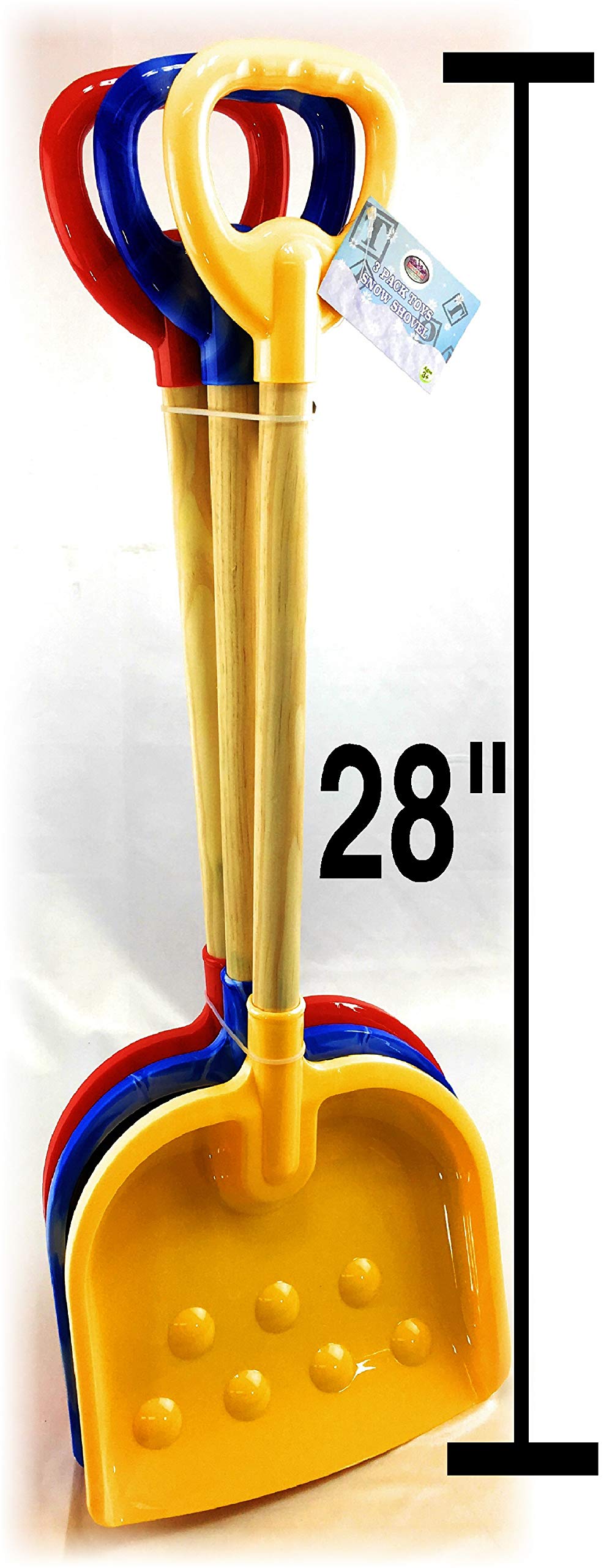 Matty's Toy Stop 28" Heavy Duty Wooden Snow Shovels with Plastic Scoop & Handle for Kids Red, Yellow & Blue Swirl Gift Set Bundle - 3 Pack
