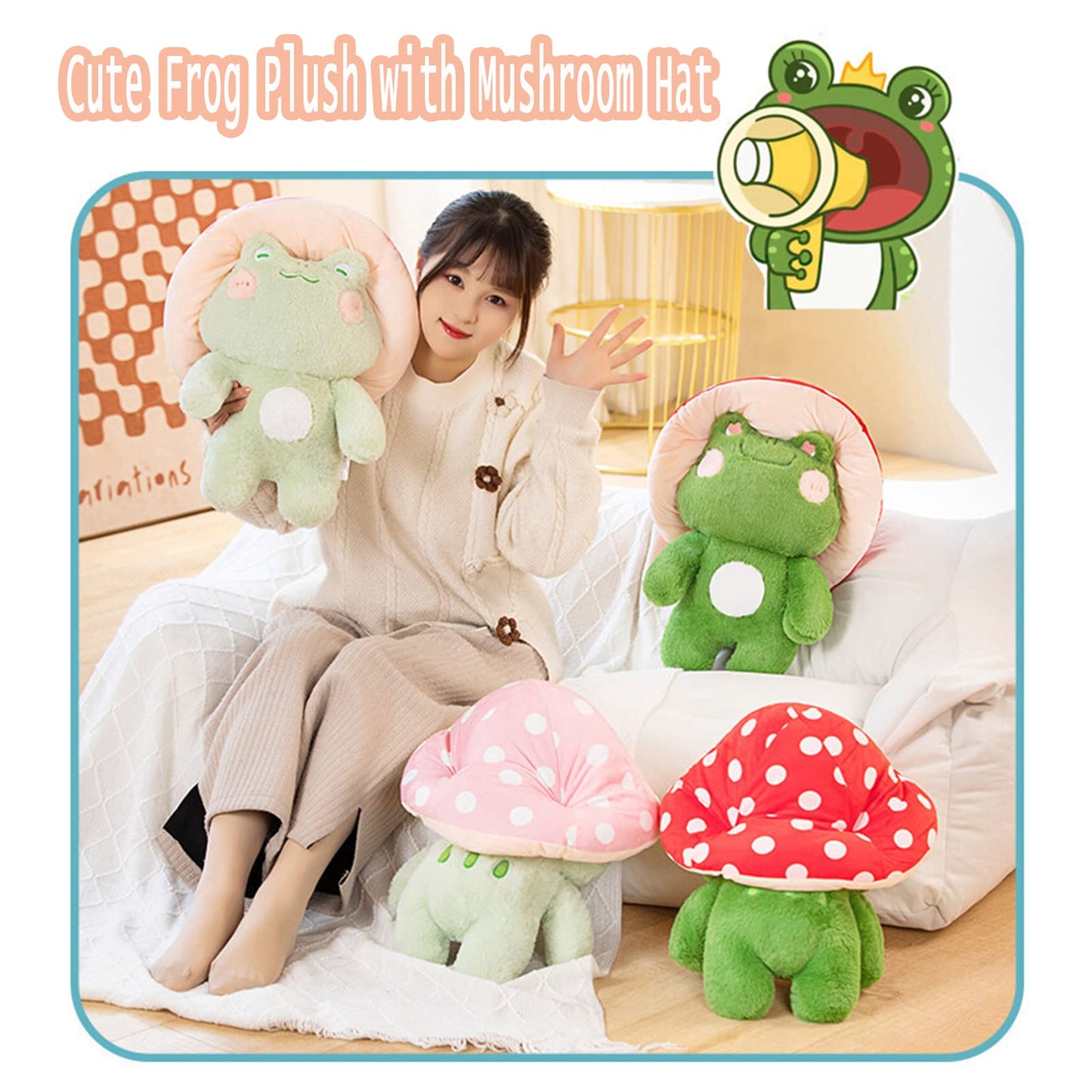 Enivtfz Frog Plush Toys, 10" Cute Frog with Red Mushroom Hat Stuffed Animals, Kawaii Plushies Gift for Kids Girls Adults Valentines Birthdays