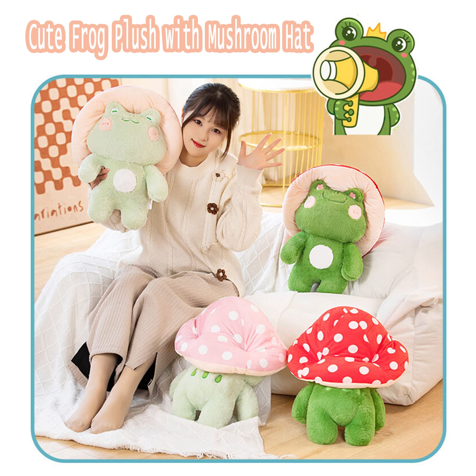 Enivtfz Frog Plush Toys, 10" Cute Frog with Red Mushroom Hat Stuffed Animals, Kawaii Plushies Gift for Kids Girls Adults Valentines Birthdays