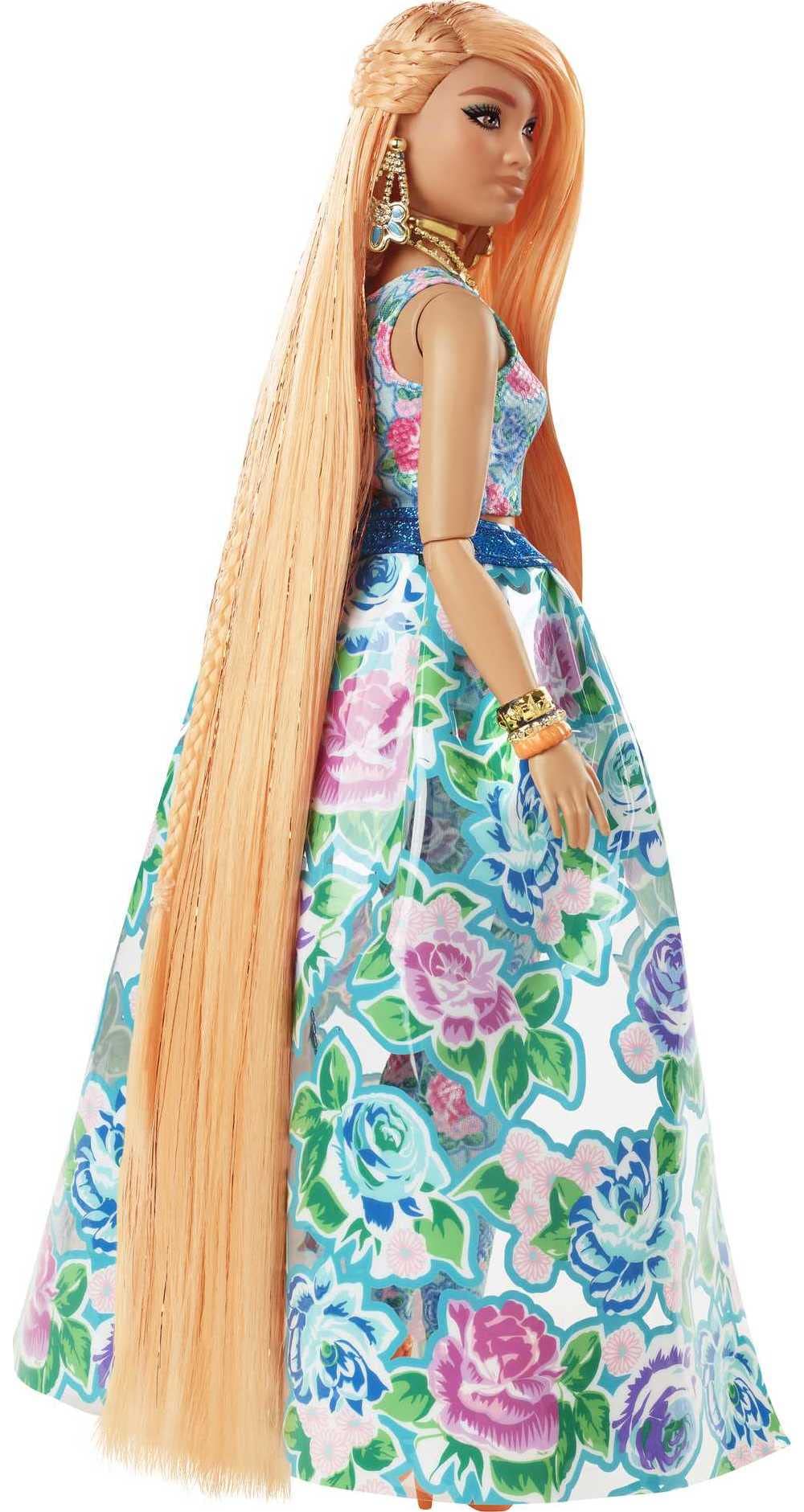 Barbie Extra Fancy Fashion Doll & Accessories with Curvy Shape & Orange Hair in Floral 2-Piece Gown with Pet Kitten