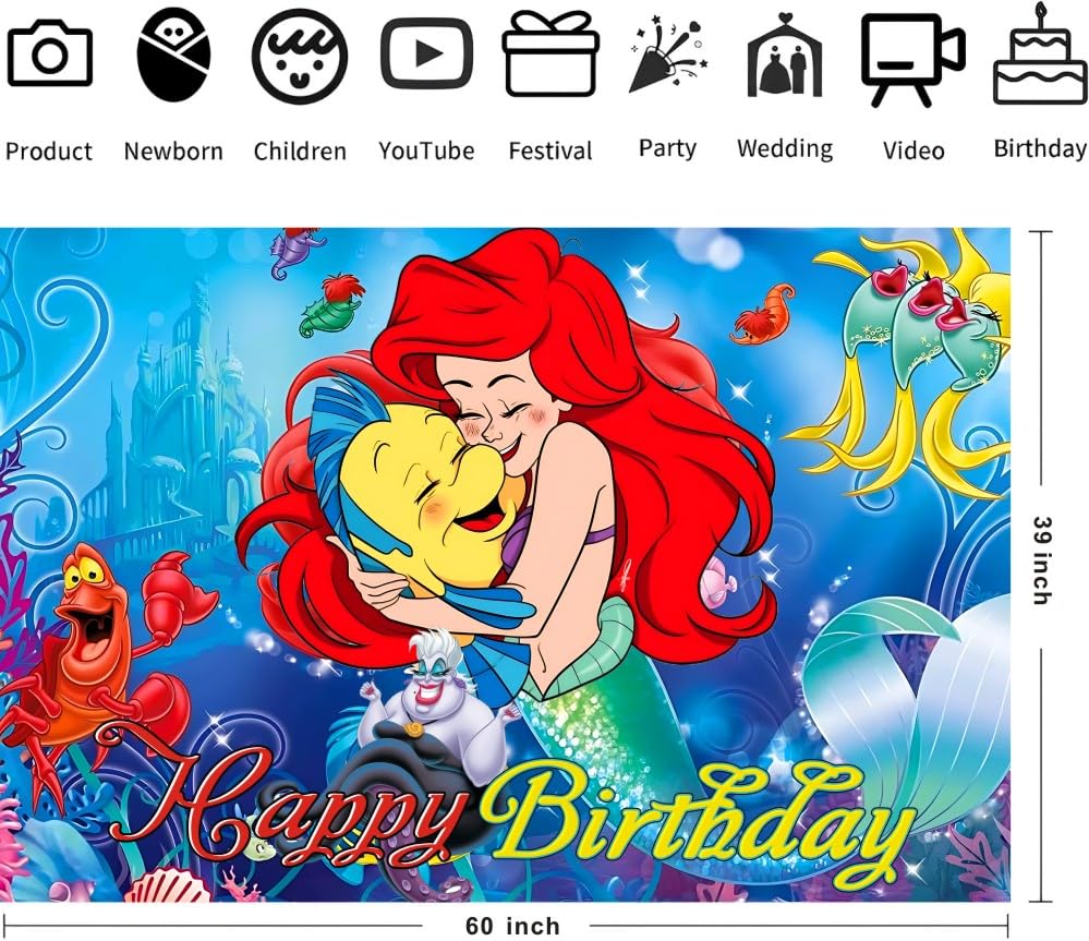 Wall Decor Backdrop for Mermaid Birthday Decorations, Mermaid Themed Banner for Birthday Party Supplies (5x3ft)