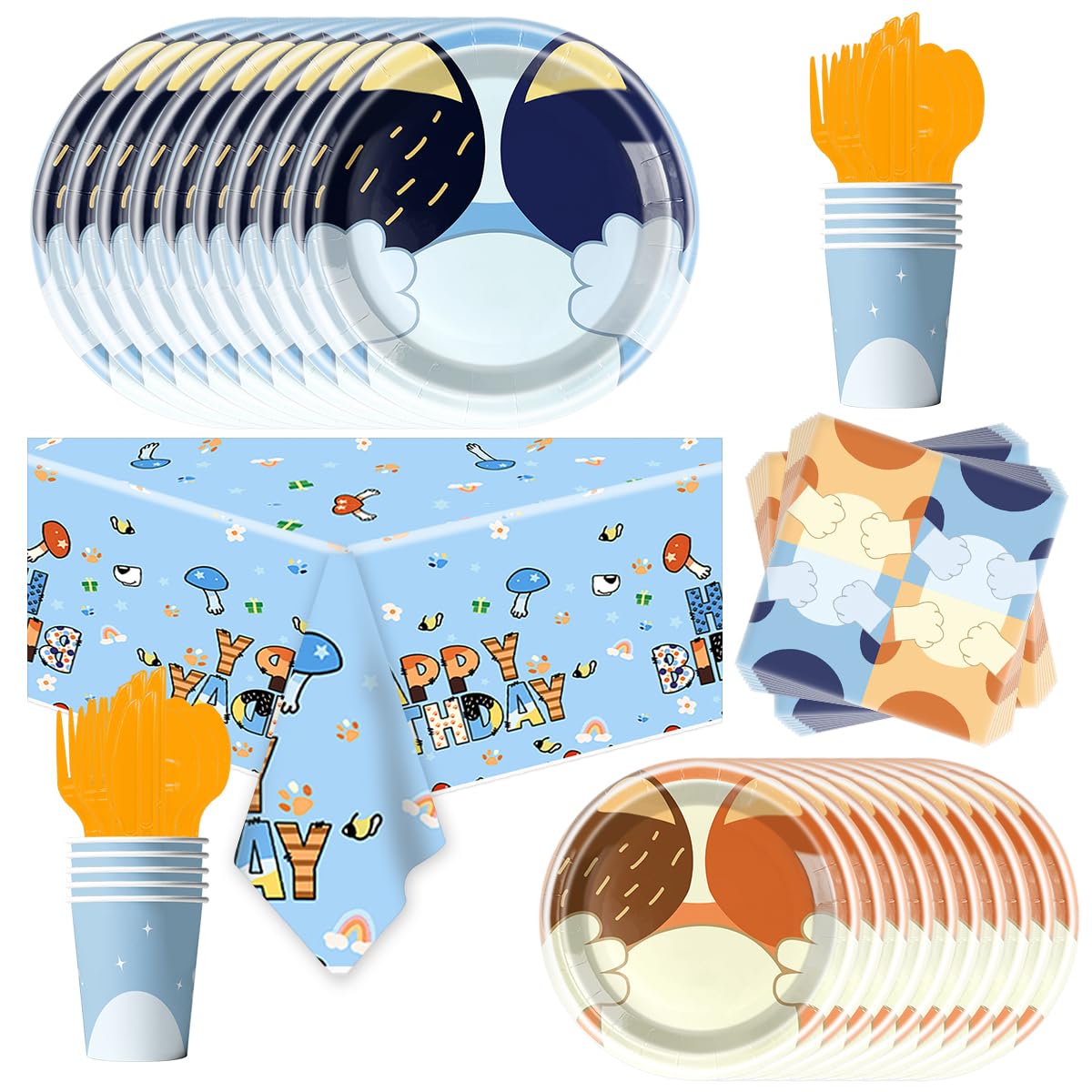 81Pcs Blue Dog Birthday Party Tableware Set Cute Dog Party Decoration Blue Cartoon Birthday Party Supplies
