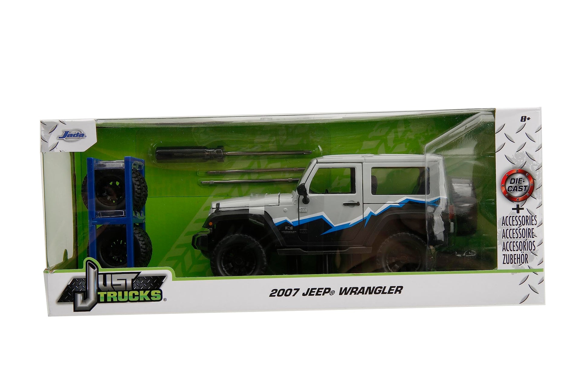 Jada Just Trucks 1:24 2007 Jeep Wrangler Die-Cast Truck w/Tire Rack, Toys for Kids and Adults(Grey/Primer Black)