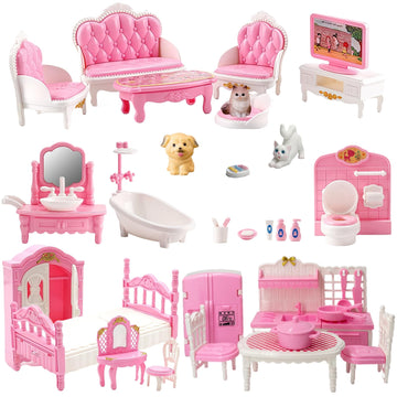 Xadothat Dollhouse Furniture Set, Complete Room Collection with Kitchen, Dining, Living Room, Bedroom and Bathroom Accessories, Plastic (36-Piece