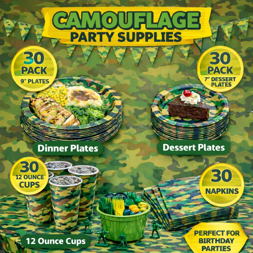 Oojami Camouflage Party Supplies for 30 Guests - Camo Birthday Decorations Set with 9" Dinner Plates, 7" Dessert Plates, 12 oz Cups, 3-Ply Napkins