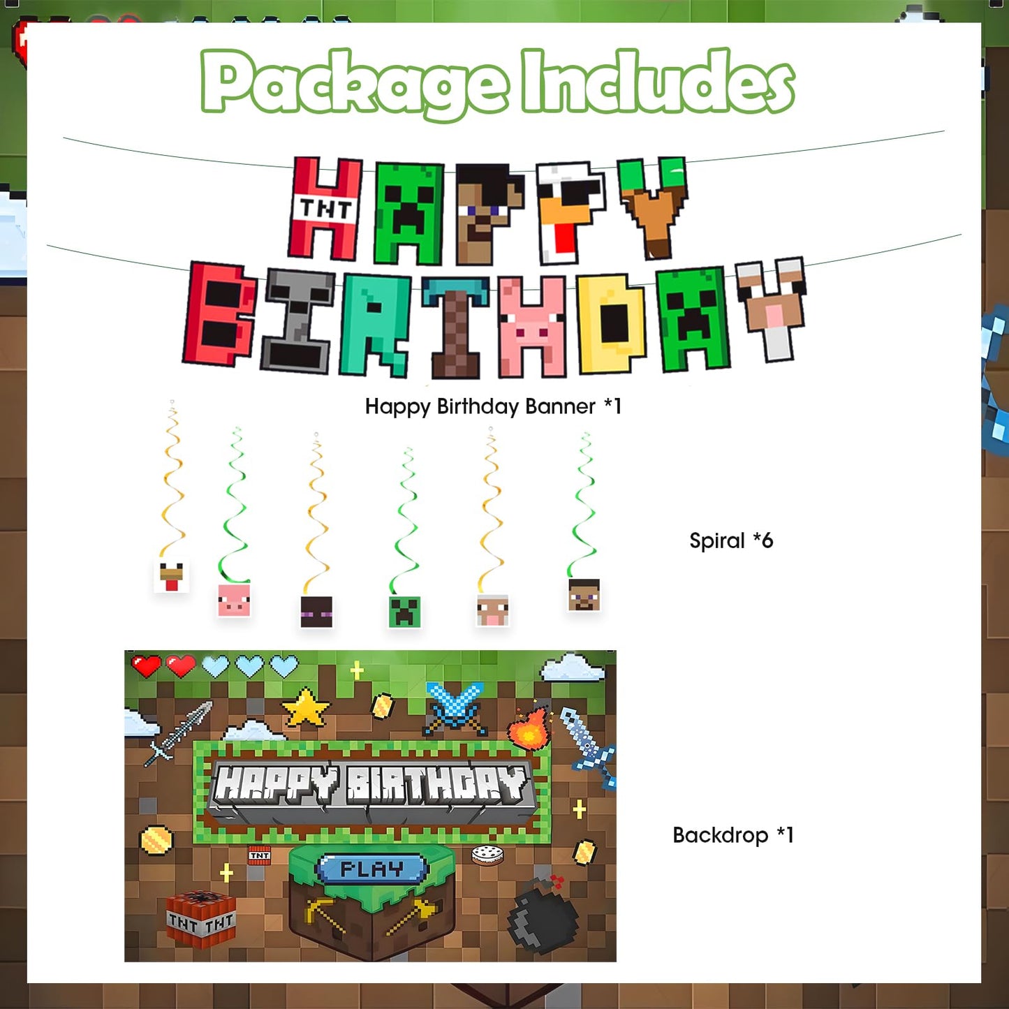 Pixel Game-Happy Birthday Banner- Includes Birthday Banner & Backdrop & Spiral Hanging supplies, Pixel party supplies Kit, Ideal for Game Theme