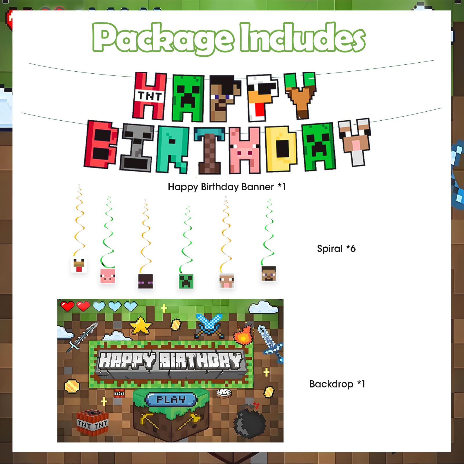 Pixel Game-Happy Birthday Banner- Includes Birthday Banner & Backdrop & Spiral Hanging supplies, Pixel party supplies Kit, Ideal for Game Theme