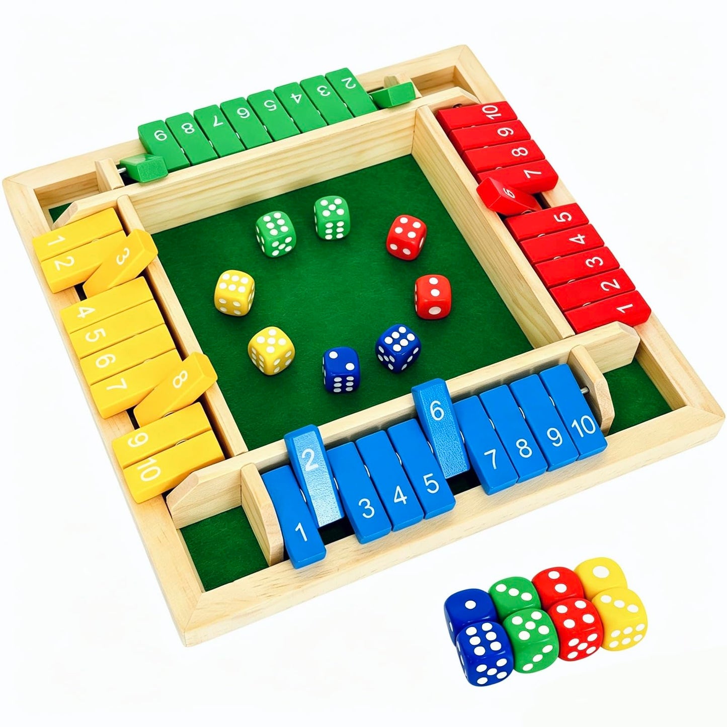 Shut The Box Dice Game 4 Player, Wooden Board Table Games for Kids and Adults, Addition Math Games for Family, Classroom, Party or Bar (10 Numbers)