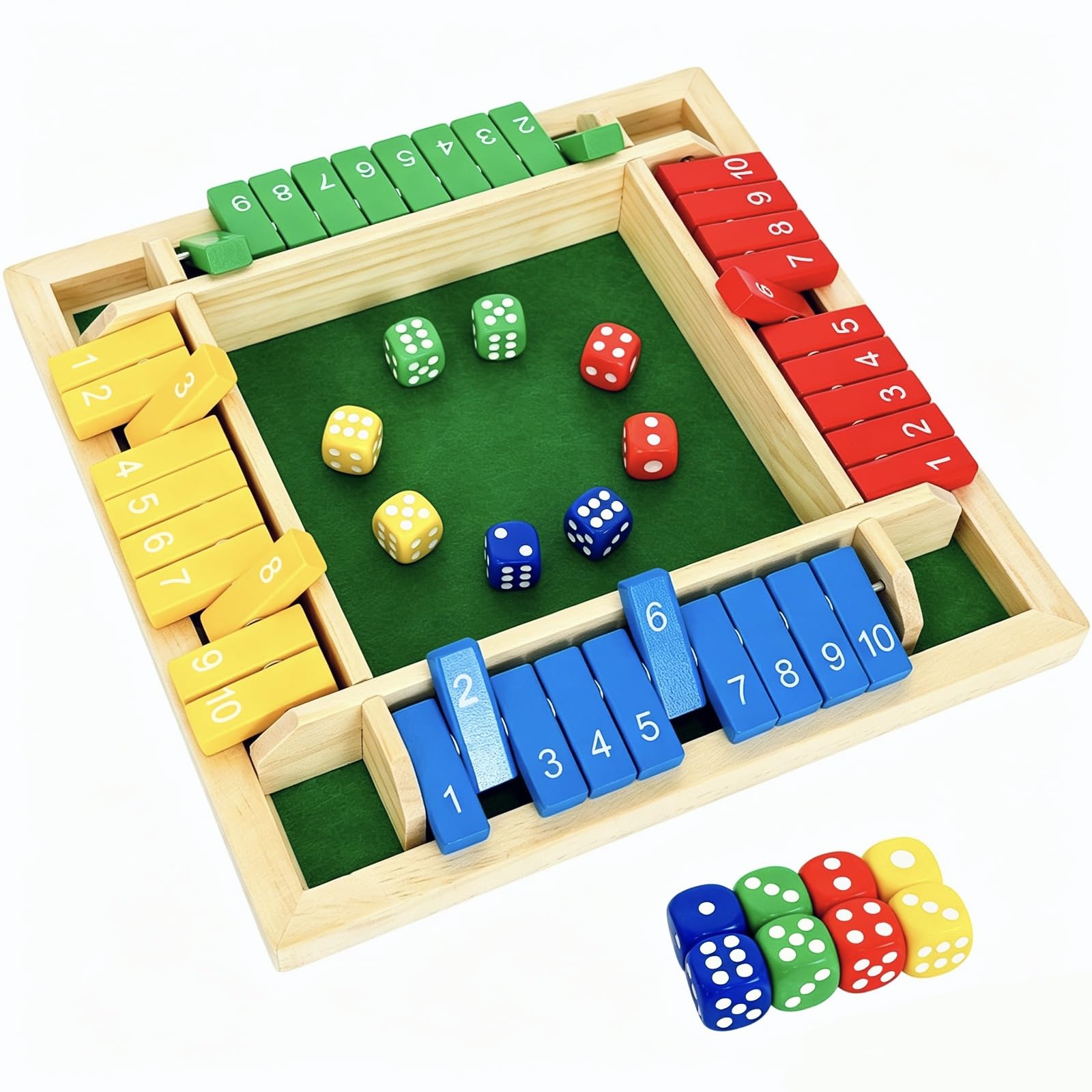 Shut The Box Dice Game 4 Player, Wooden Board Table Games for Kids and Adults, Addition Math Games for Family, Classroom, Party or Bar (10 Numbers)