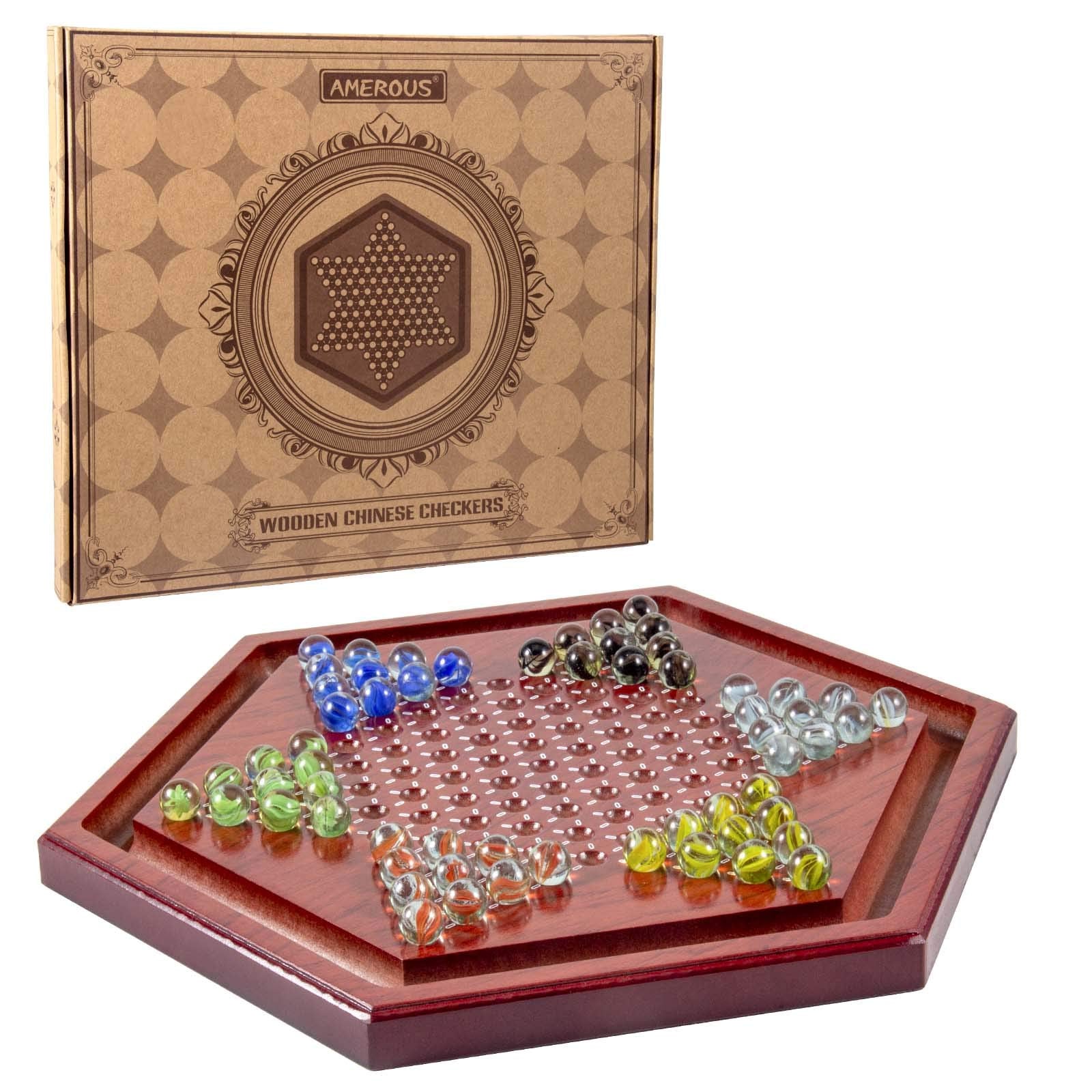 AMEROUS 13.6 inches Wooden Chinese Checkers Board Game Set with 60 Colorful Glass Marbles, Classic Strategy Game for Kids, Adults, Whole Family Play