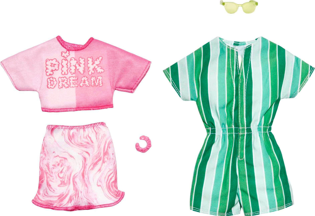 Barbie & Ken Fashions 2-Pack Clothing & Accessories Set, Pink Dream Top & Skirt with Bracelet for Barbie Doll & Striped Romper & Sunglasses for Ken