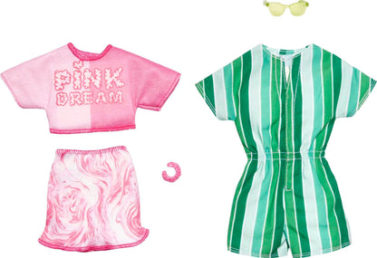 Barbie & Ken Fashions 2-Pack Clothing & Accessories Set, Pink Dream Top & Skirt with Bracelet for Barbie Doll & Striped Romper & Sunglasses for Ken
