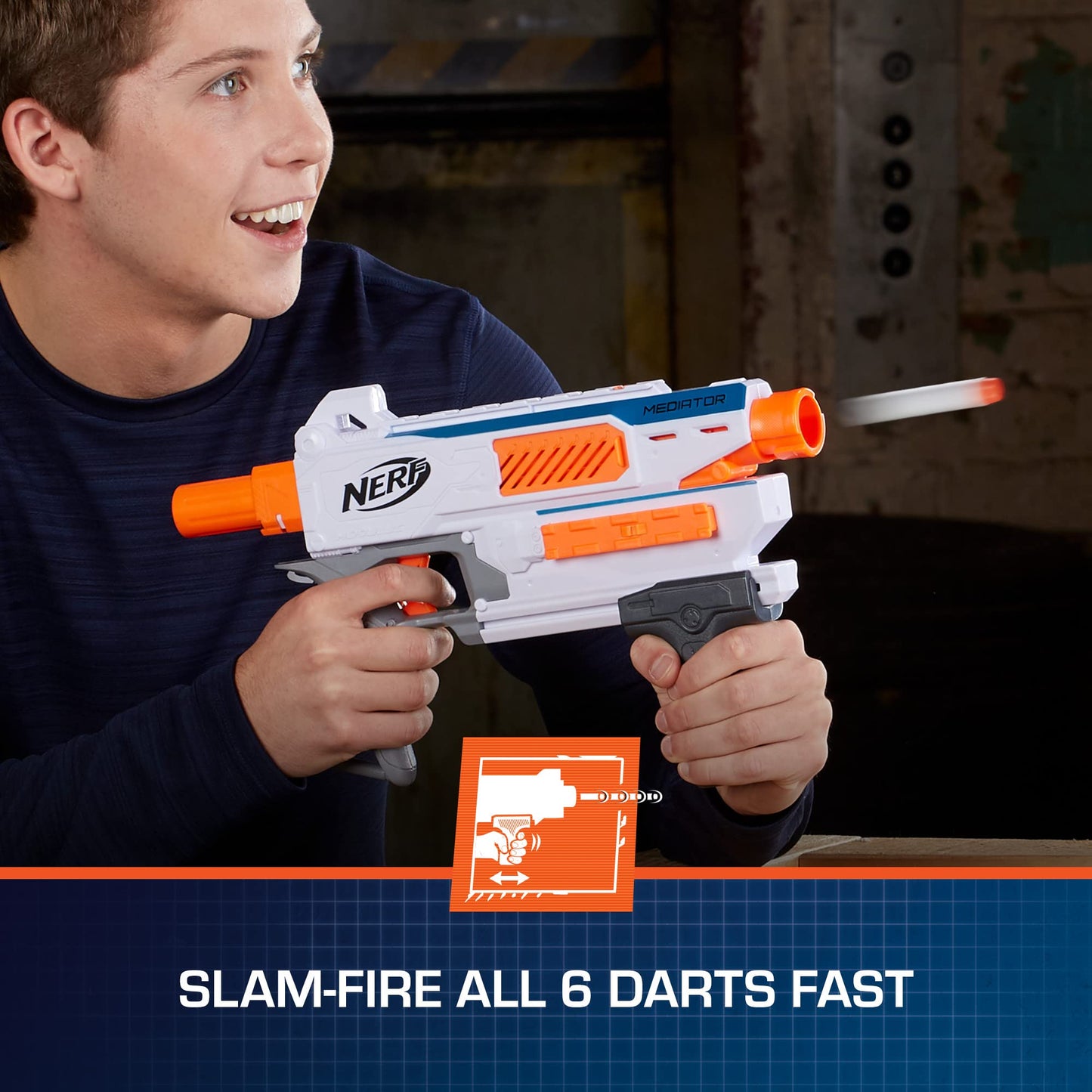 NERF Modulus Mediator Blaster - Fires 6 Darts in a Row, Pump Action, Slam Fire, Includes 6-Dart Clip and 6 Official Nerf Elite Darts (Amazon