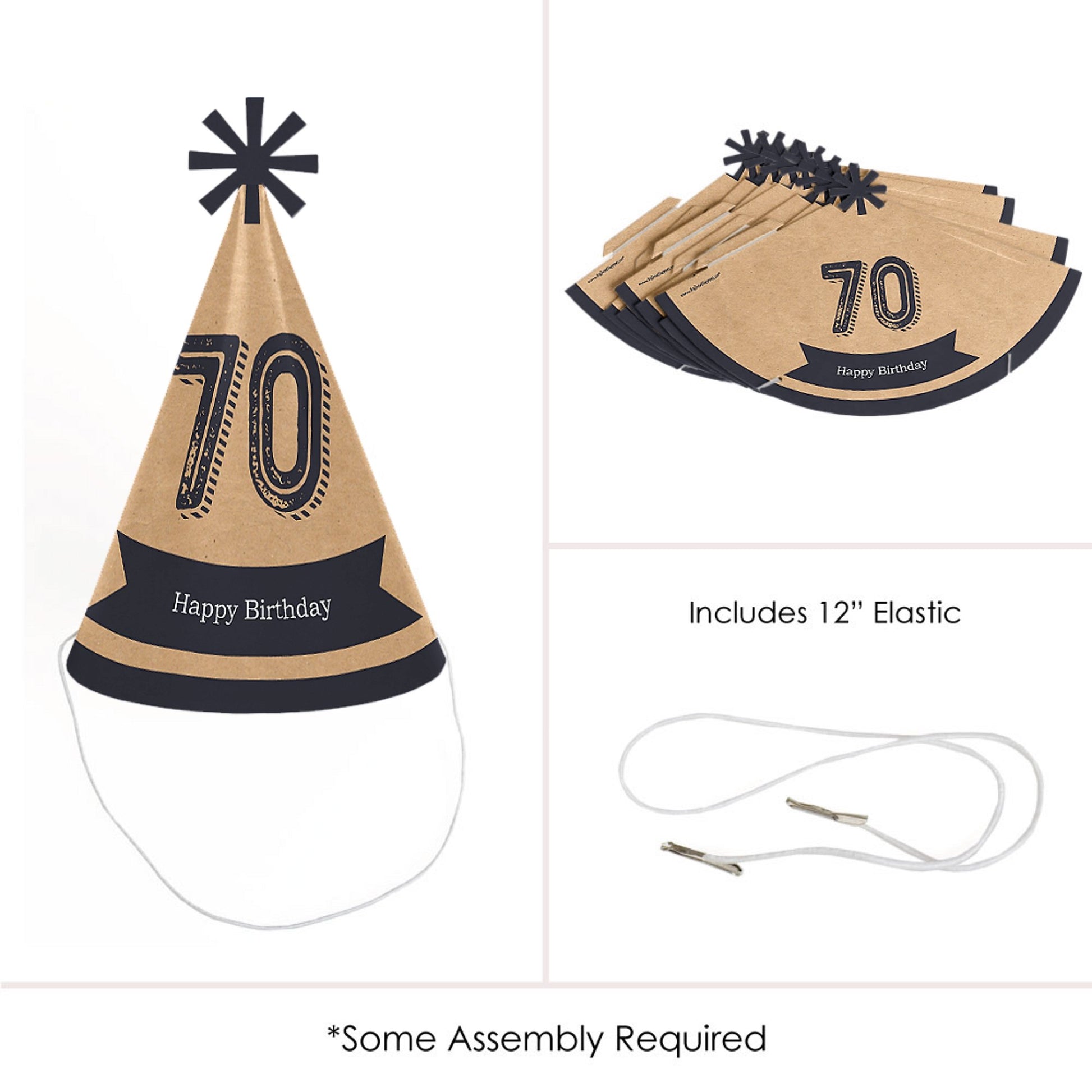 Big Dot of Happiness 70th Milestone Birthday - Cone Happy Birthday Party Hats for Adults - Set of 8 (Standard Size)
