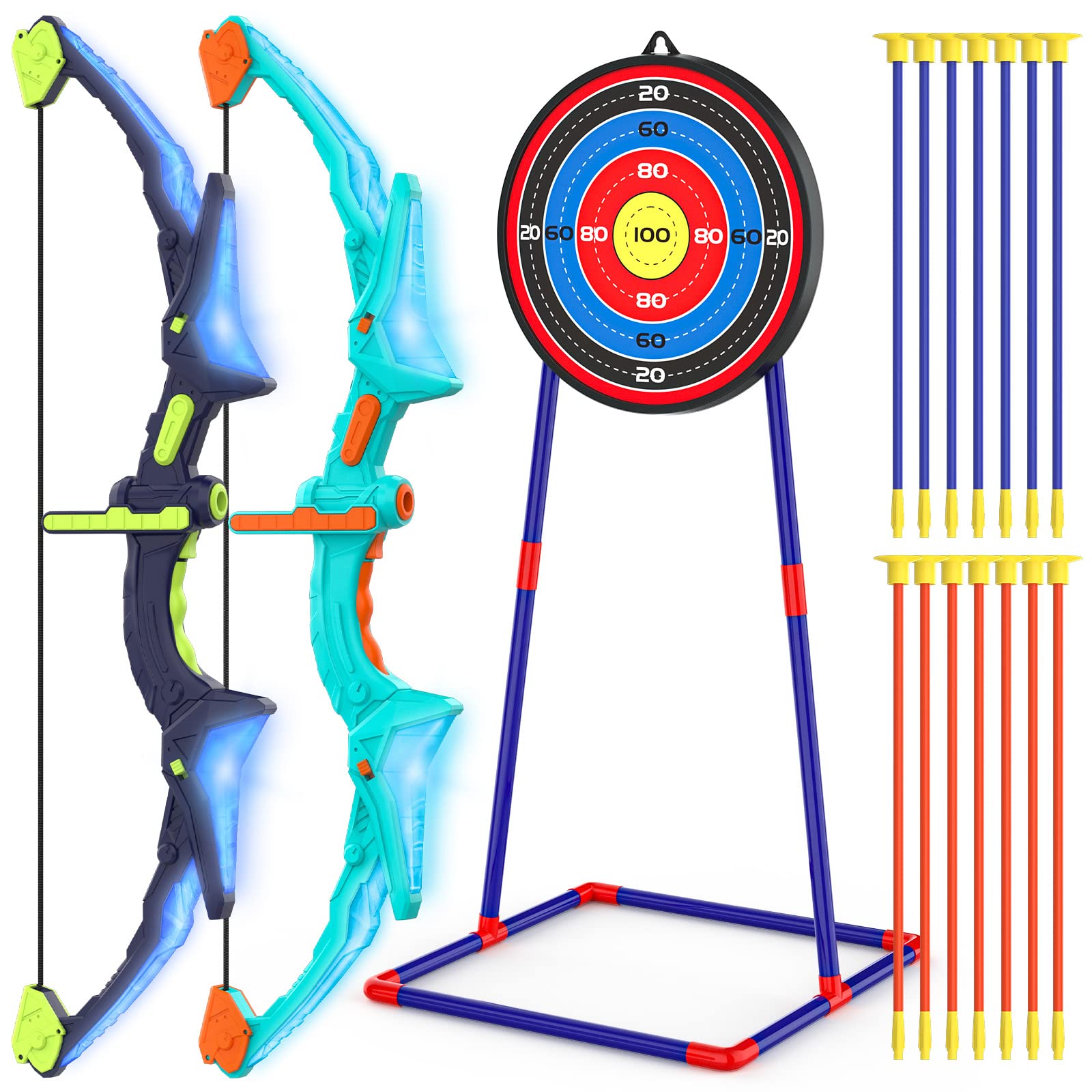 2 Pack Bow and Arrow Set for Kids, Light Up Archery Set with 14 Suction Cup Arrows, Archery Targets Outdoor Games for Kids Ages 4-8 8-12, Birthday