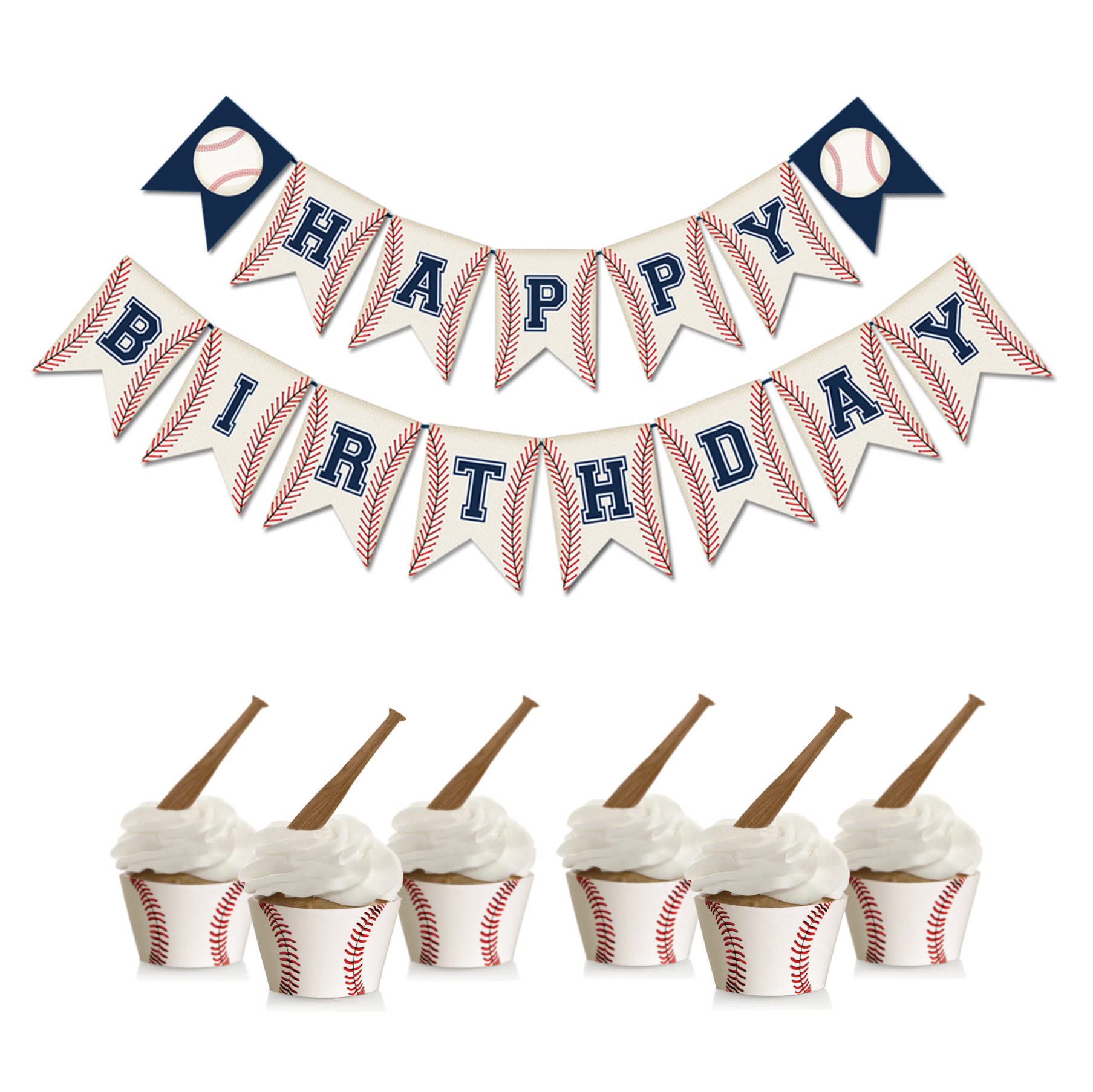 Baseball Cupcake Wrappers+Baseball Bat Cupcake Toppers,Baseball Party Decorations-24PCS