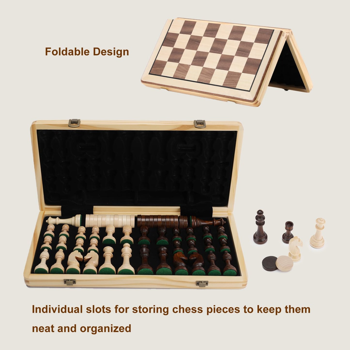 15 Inch Wooden Chess Set with Folding Board and Chess Piece Storage Slot, Handmade Portable Travel Chess Game Sets for Kids Adults Beginner and Pros
