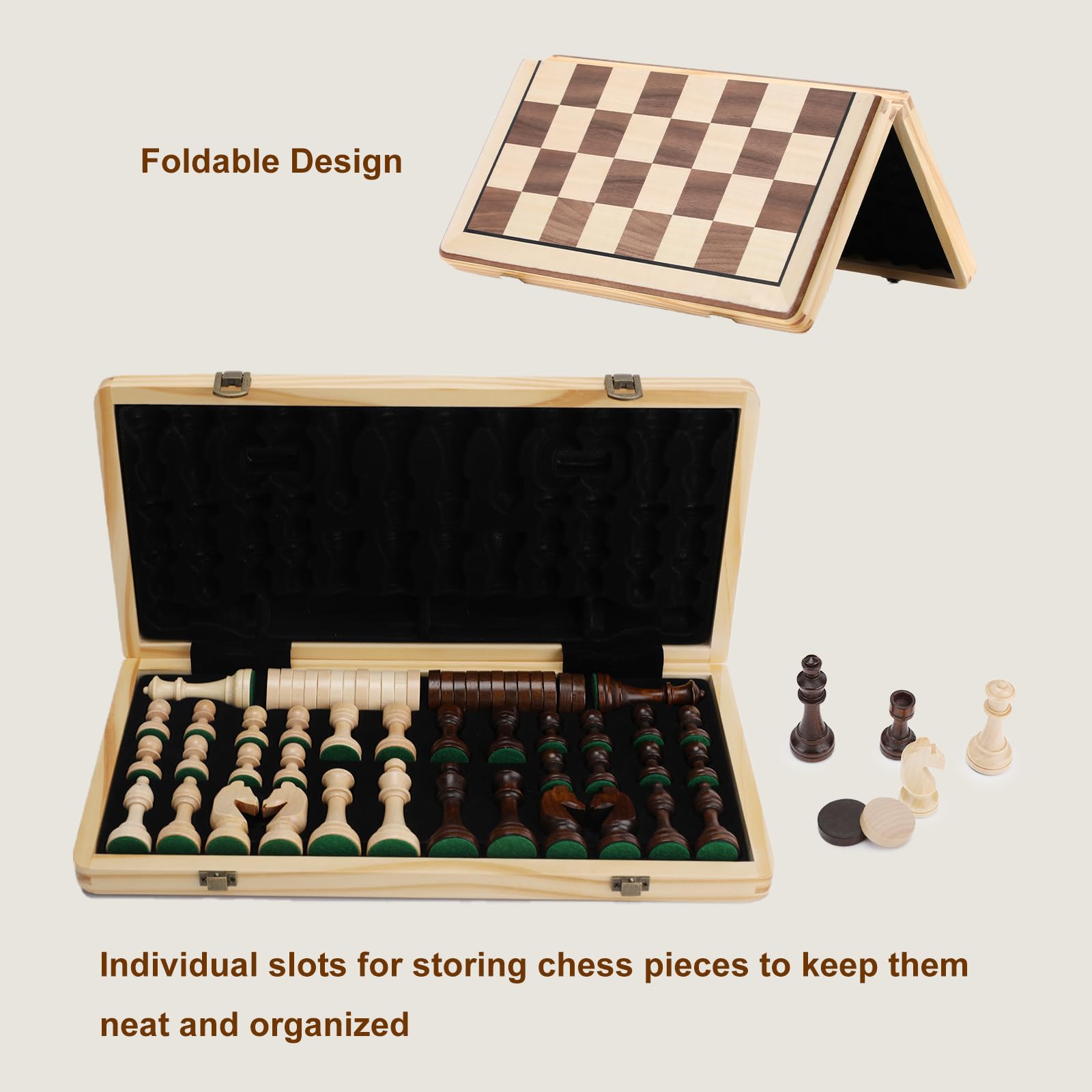 15 Inch Wooden Chess Set with Folding Board and Chess Piece Storage Slot, Handmade Portable Travel Chess Game Sets for Kids Adults Beginner and Pros
