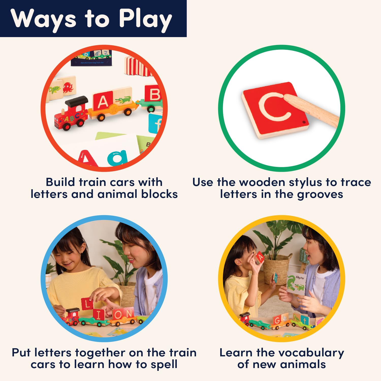 Battat Education - Wooden Alphabet Train Set ABC Letter Train Toy with 84 Pieces for Toddlers - Educational Color & Shape Recognition