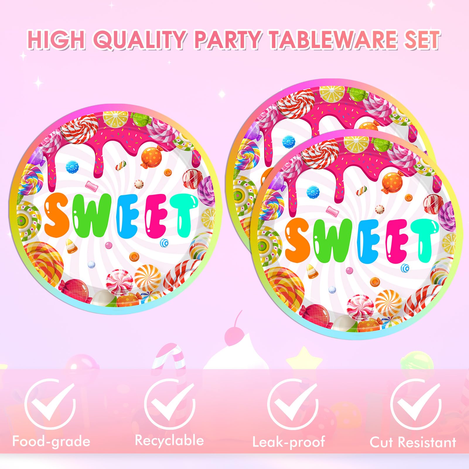 40Pcs Candyland Party Decorations Candy Paper Plates & Napkins, for Candy Land Birthday Party Decorations & Lollipop Themed Tableware Set Sweet