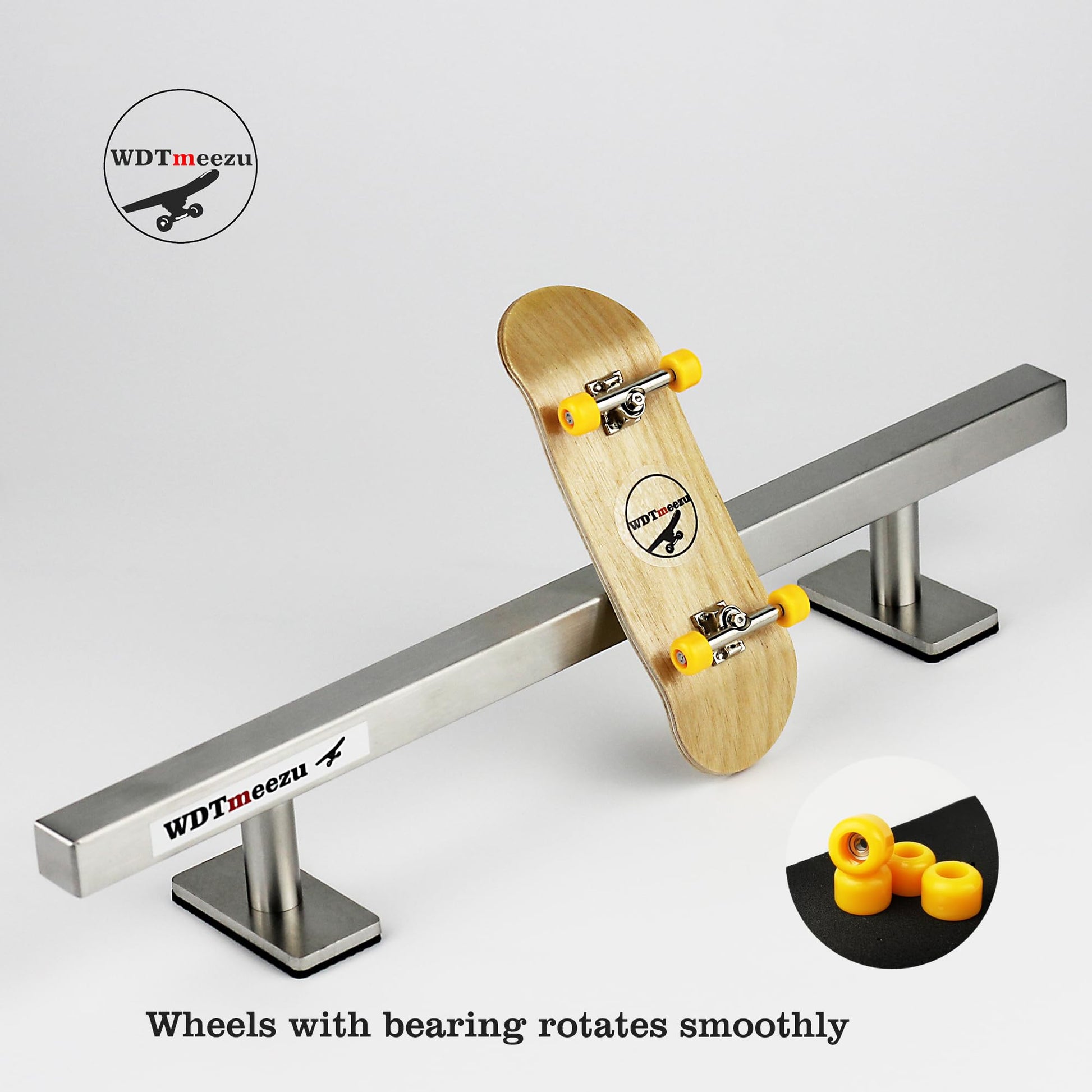WDTMEEZU 32mm Wood Bearing Wheel Fingerboard and 10" Long Metal Flat Fingerboard Rail Combination Package