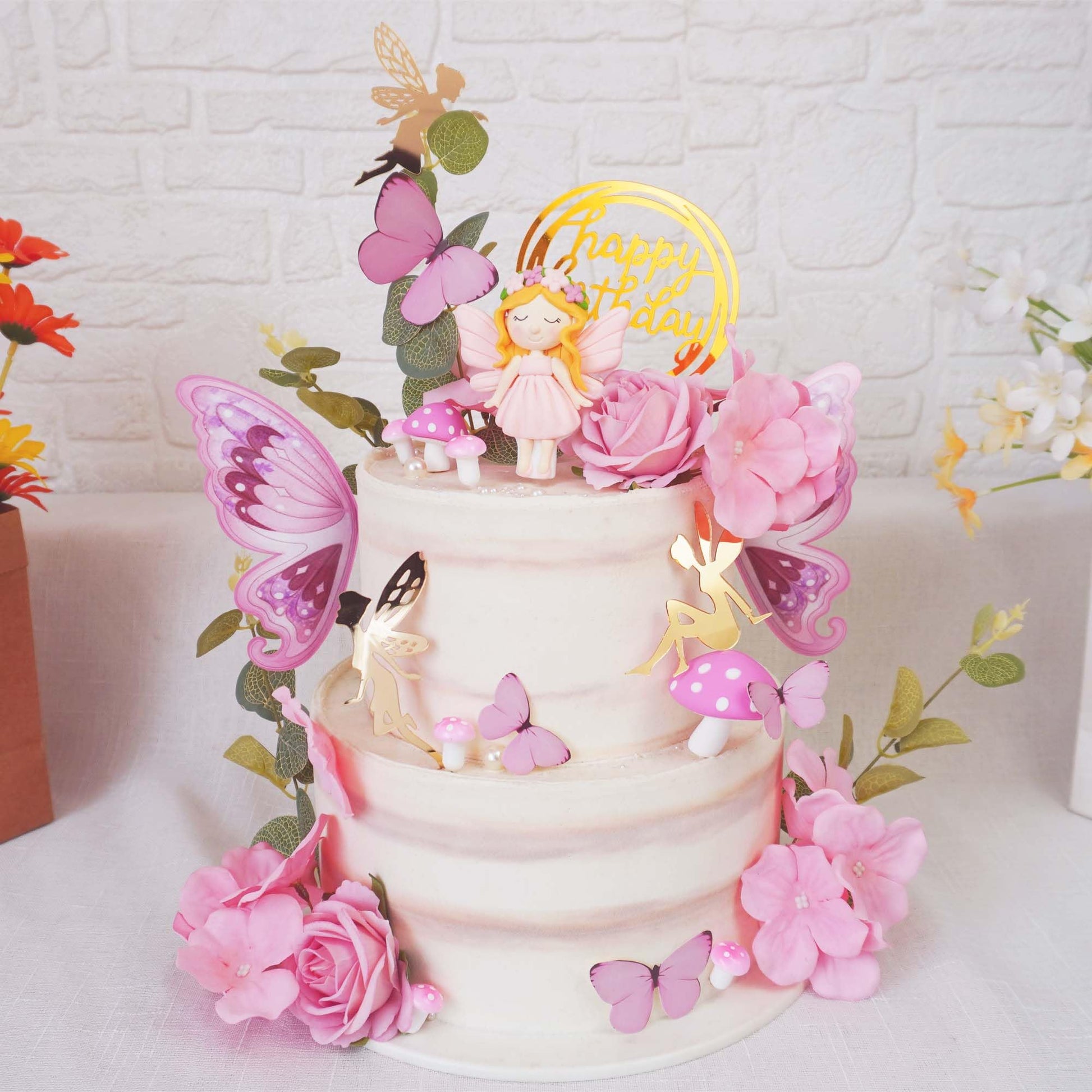 Fairy Cake Toppers Pink Mushroom Flowers Butterfly Cake Decorations for Fairy Spring Garden Birthday Supplies