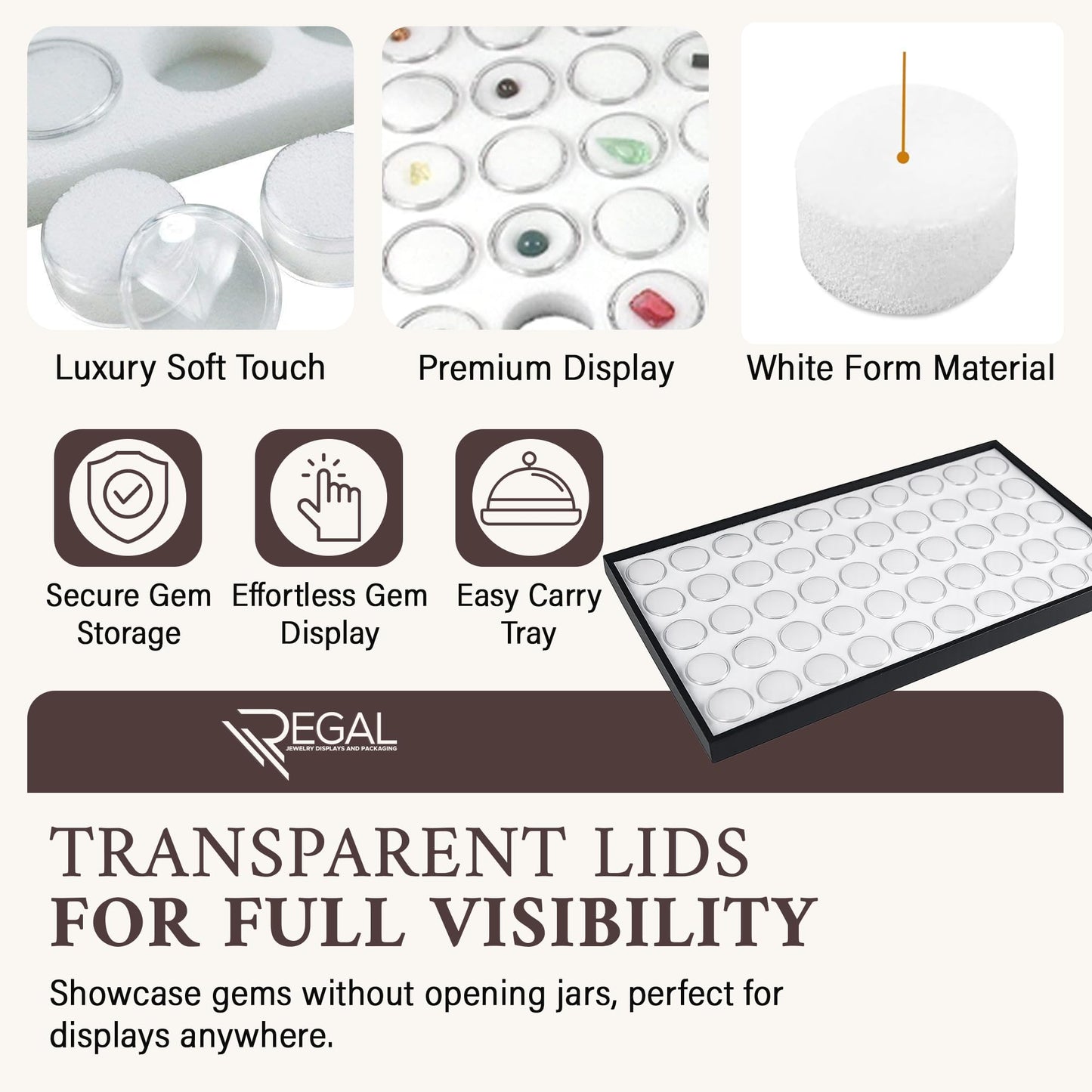 RJ Displays 50 White Foam Gem Jars with Tray, Gemstone Display Case with Lids for Gems, Coins, Gem Storage Organizer, Gem Holder, Charm Box, Gem