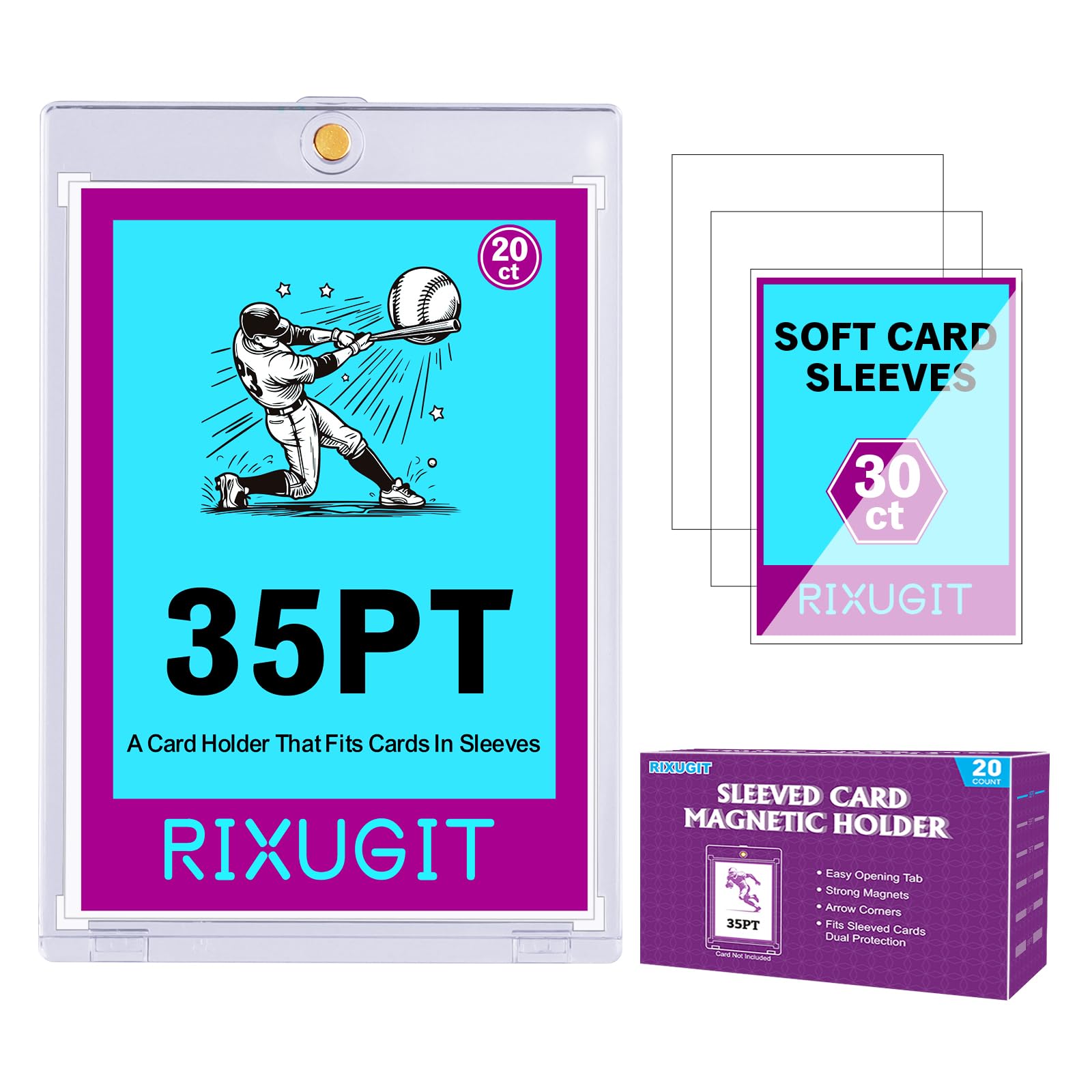 RIXUGIT 20 Pack 35pt Sleeved Card Magnetic Holders with 30 Soft Sleeves