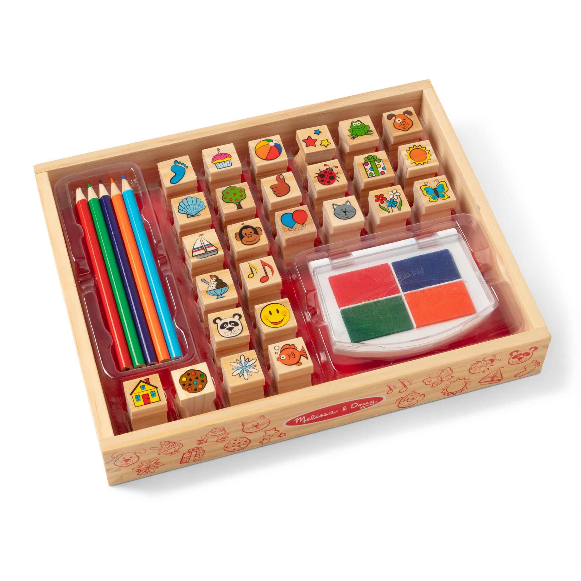 Melissa & Doug Wooden Stamp Set, Favorite Things - 26 Wooden Stamps, 4-Color Stamp Pad