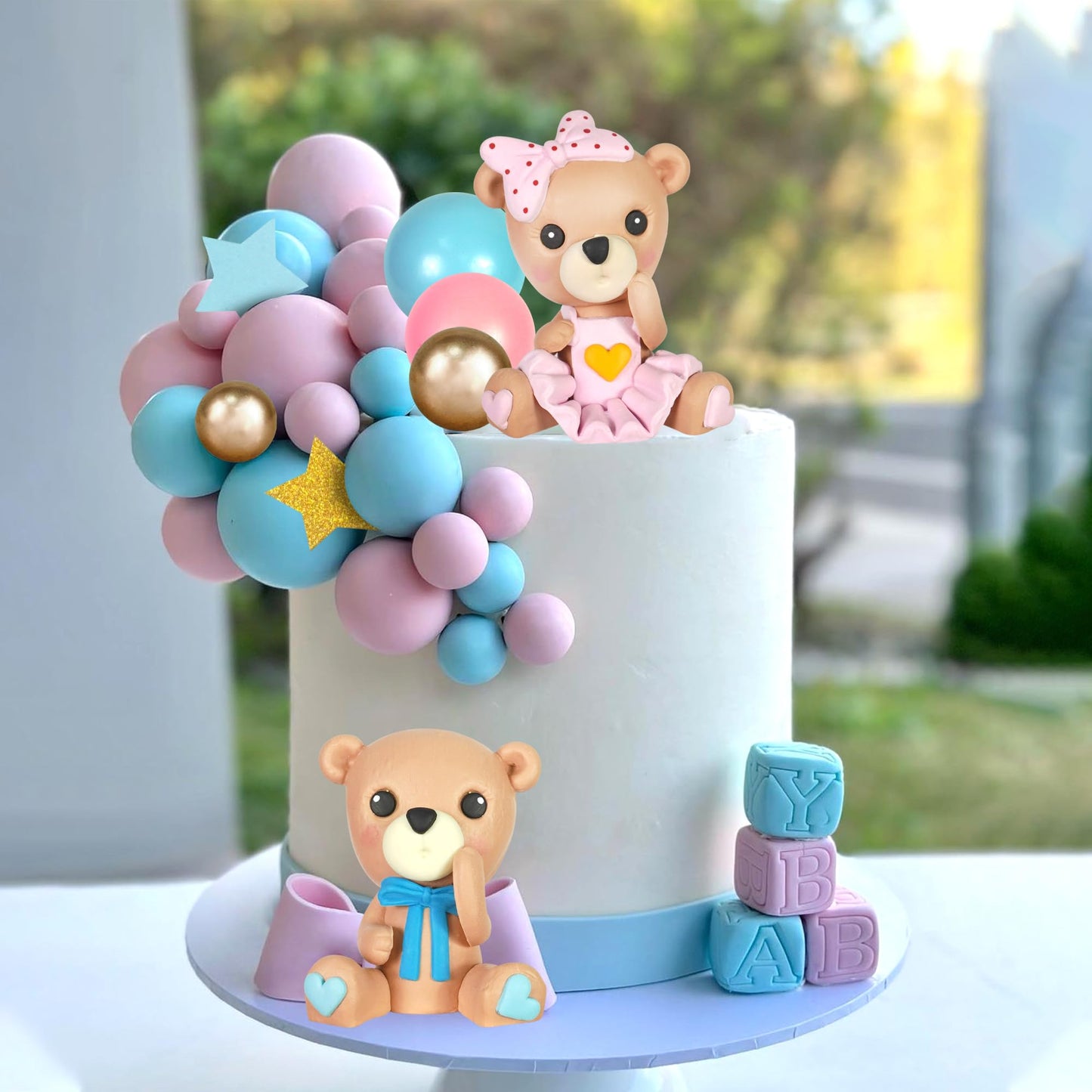 Bear Cake Toppers Pink Blue Bear Figurine Cake Decorations Pearl Balls for Gender Reveal Birthday Bear Theme Supplies (01)