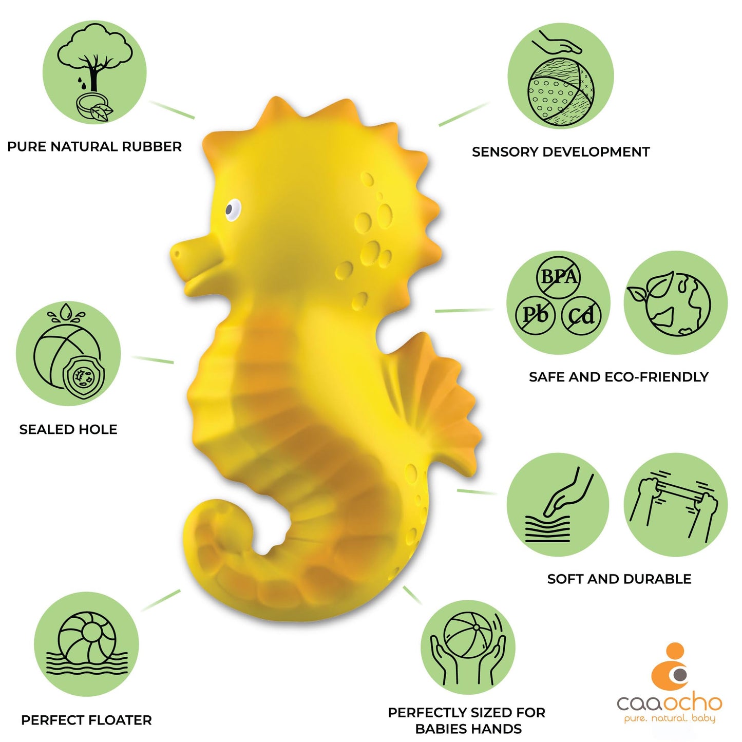 caaocho Pure Natural Rubber Bath Toy - Nalu The Seahorse - Hole Free Bath Toys, BPA Free Bath Toys for Infants, Without Holes Sealed Natural Rubber