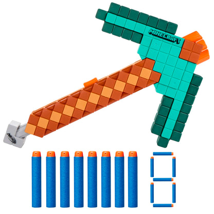 Nerf Minecraft Diamond Pickaxe Dart Blaster, Pull Back Priming, Foam Head, 8 Nerf Elite Darts, Ages 8+