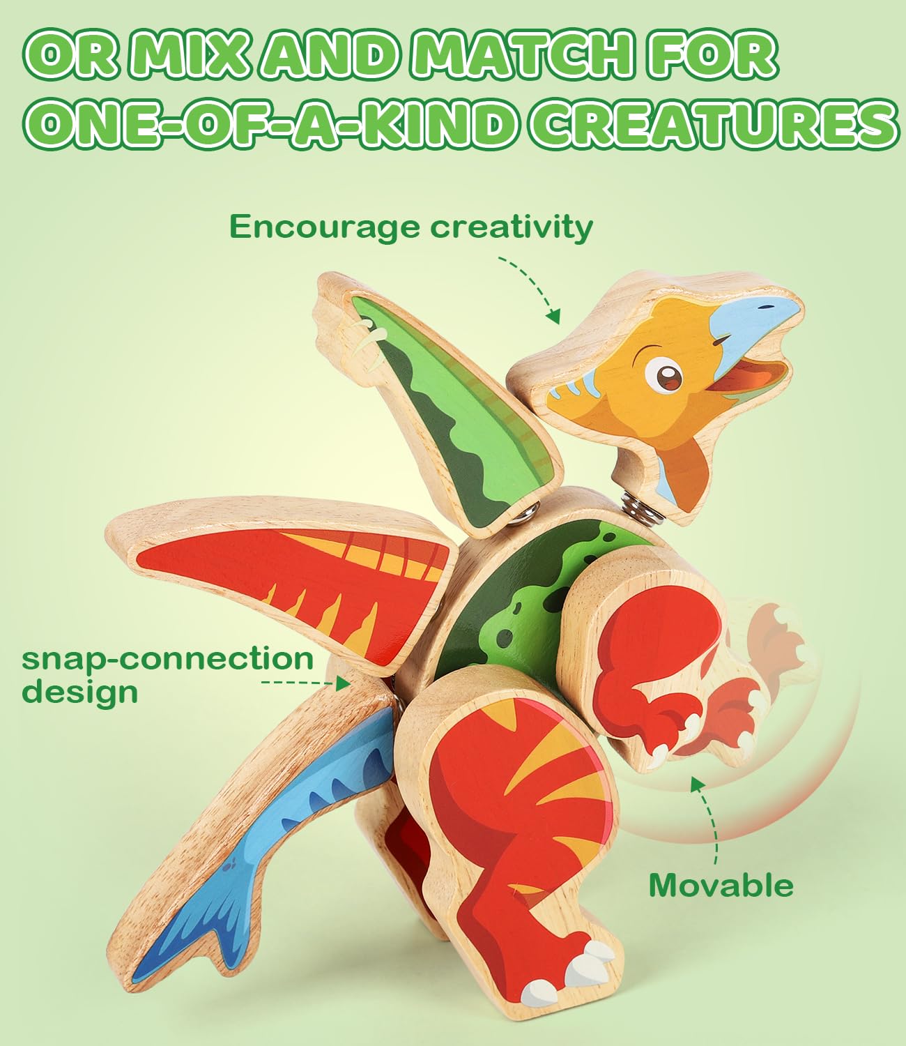 GLEEHAPY Dinosaur Wooden Toys,Snap on Dino Together Building Blocks,Take Apart Playset, STEM Montessori Educational Fine Motor Skill Learning Birthday