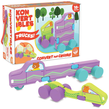 MindWare Konvertibles Transforming Wooden Trucks - 2?Piece Flip?&?Change Vehicle Set with Carry?Along Box that Becomes 3?D Road Scene, Toddler Toy