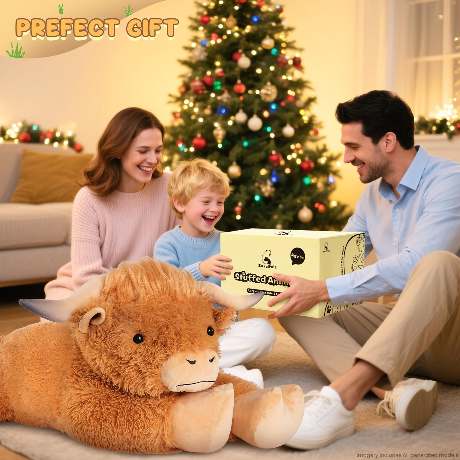 SuzziPals 43 inch Giant Highland Cow Stuffed Animal, Lifelike Huge Cow Stuffed Animal for Stress Relief & Companion, Extra Soft Cow Plush, Huge Big