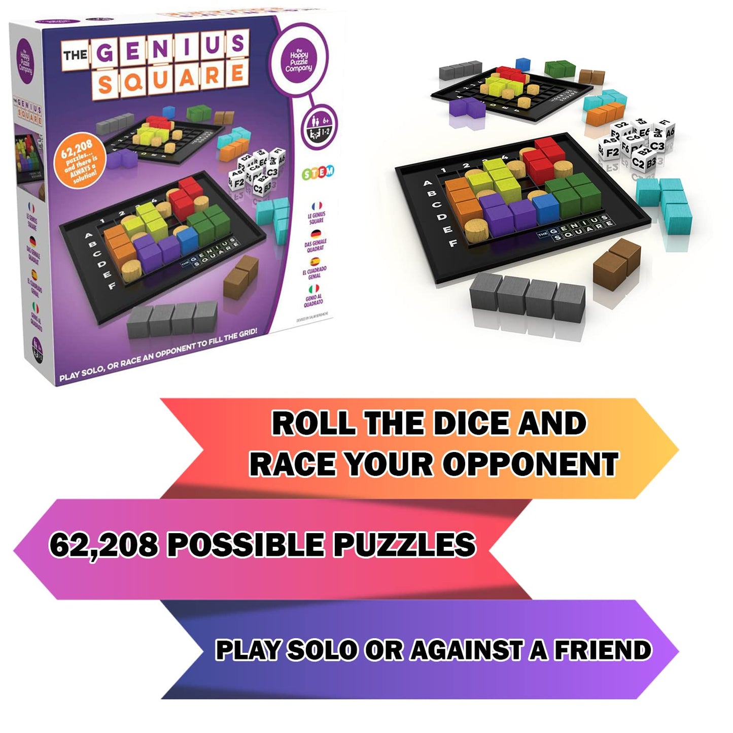 The Genius Square from The Happy Puzzle Company - Game of The Year Award Winner, 60000+ Solutions STEM Puzzle Game. Roll Dice, Race Your Opponent