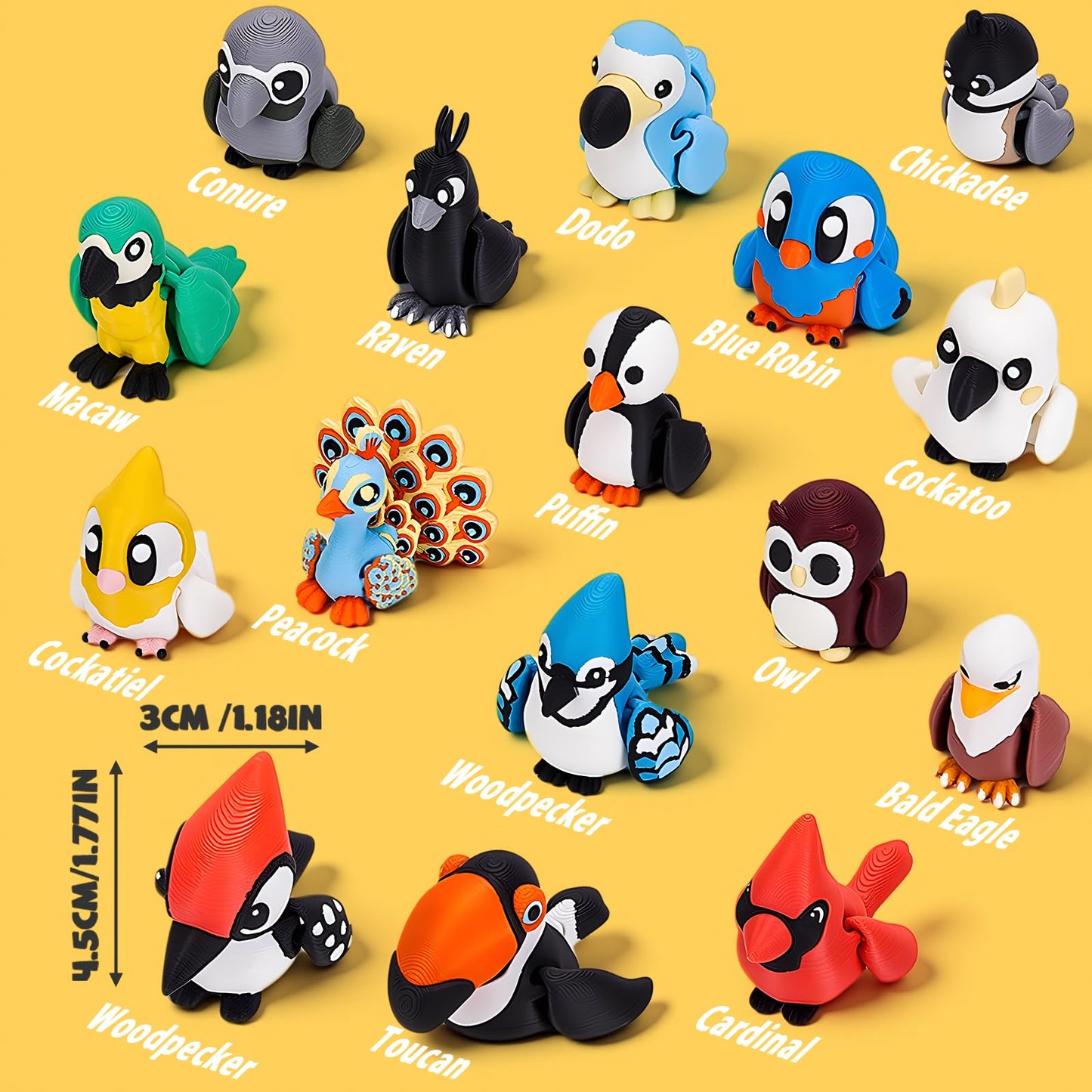 16pcs 3D Printed Animals Set Articulated Bird Toys Pinata Stuffers Goodie Bag Fillers Spring Bird Toys Pocket Pets Desk Pets Sensory Fidget Toys Gifts