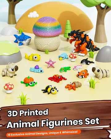 17PCS 3D Printed Animal Figurines Set with Mushroom Container - 16 Unique Articulated Animals, Fidget Toys for Stress Relief, Party Favors, Desk Decor