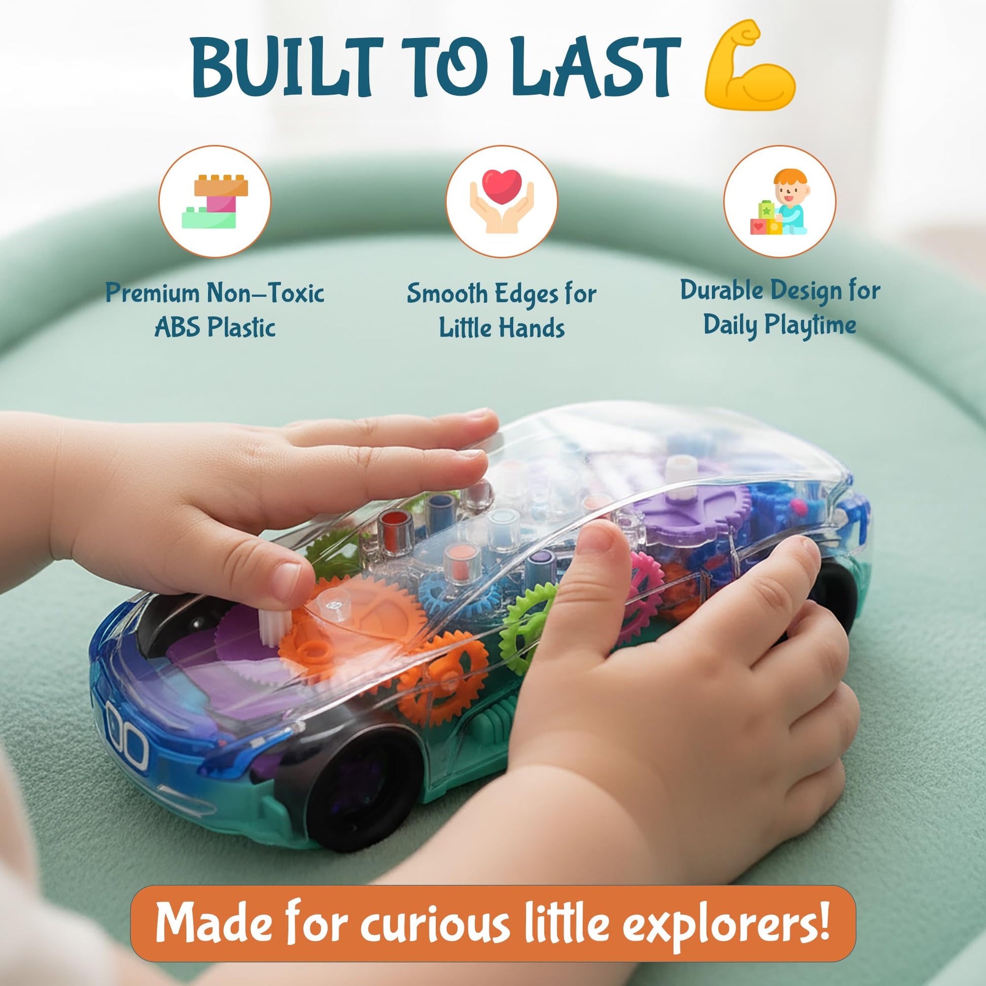 TOOTY TOY Transparent Sensory Gear Toy Car for Kids, Bump & Go Toy Car with Colorful Moving Gears, Music & LED Lights, Interactive Light Up Toys